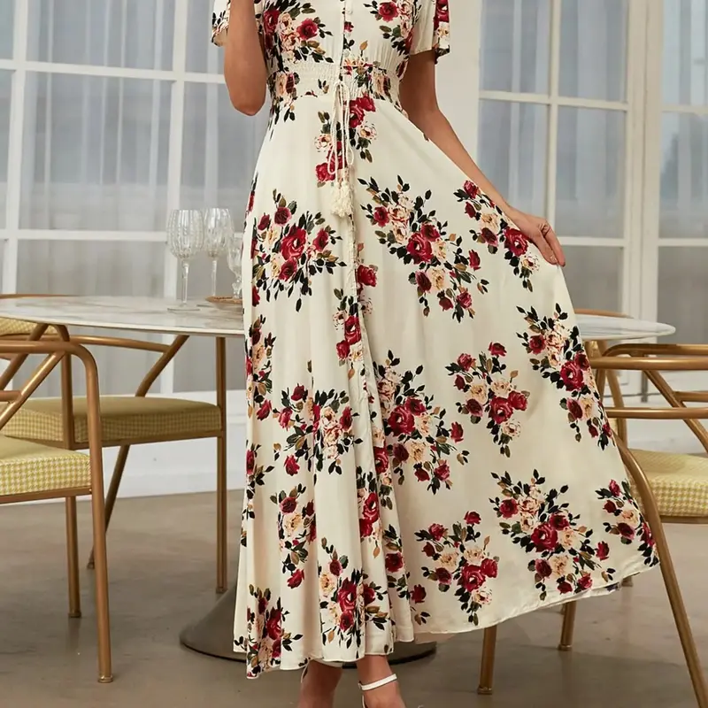Women's Boho Floral Printed Vneck Button Front Maxi Dress, Boho French Style Casual Short Sleeve Dress for Summer, Women's Clothes for Beach Vacation Holiday