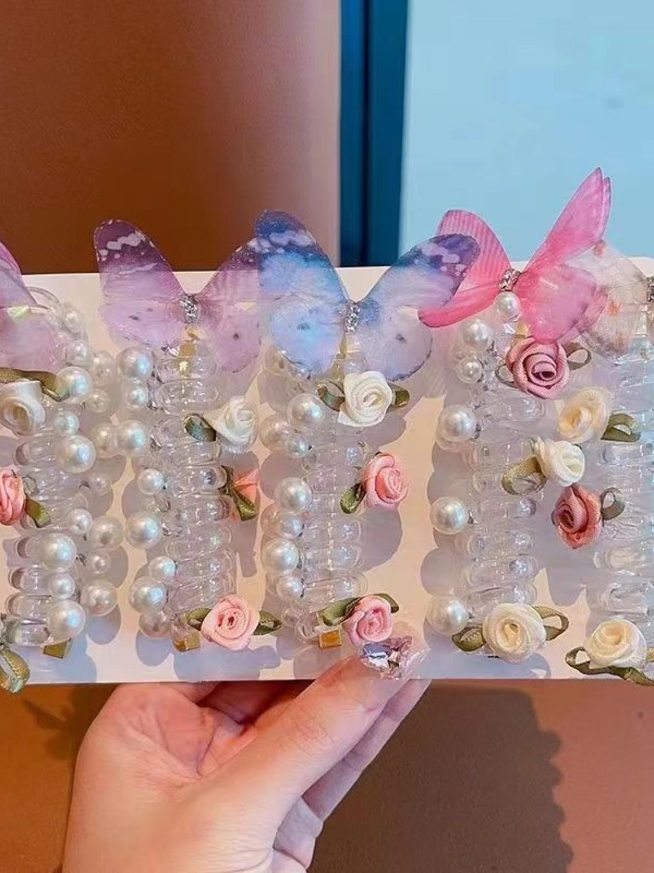 New Mesh Butterfly Pearl Hair Tie, Cute Round Bead Flower Butterfly Phone Line Braided Bubble Braid Hair Rope, Girls' Headwear for Daily Use