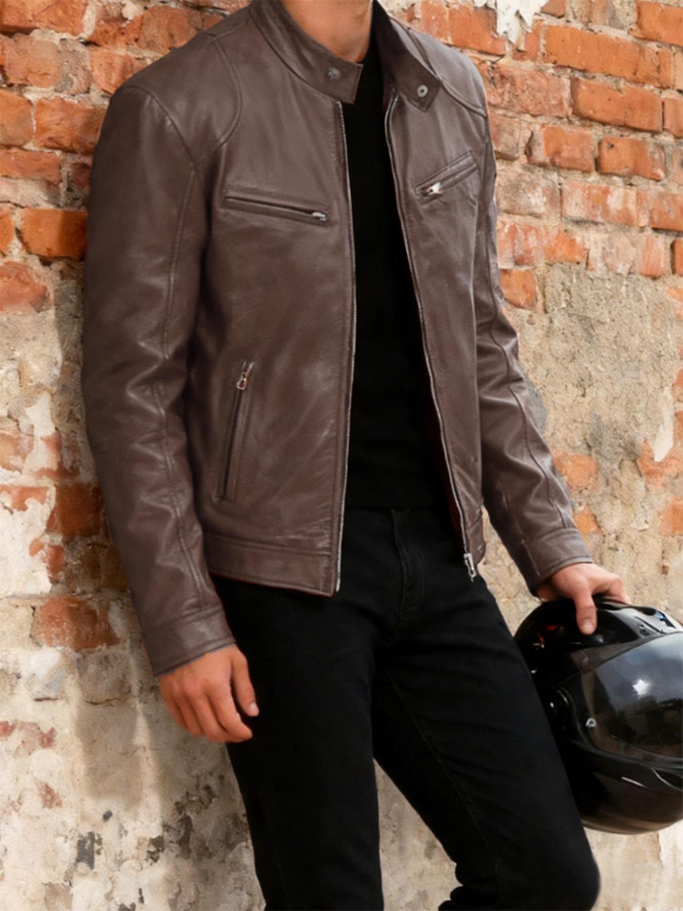 Men's Leather Jacket Spring & Fall Plain Casual Vintage Motorcycle Outerwear, Fitted Short Coat for Outdoor Riding