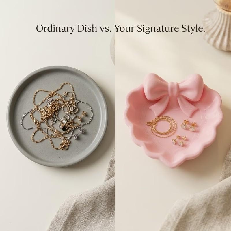 Heart-Shaped Jewelry Tray with Bow, 3D Printed, Ideal for Vanity, Sink, Home Decor, Office Desk, Jewelry Storage