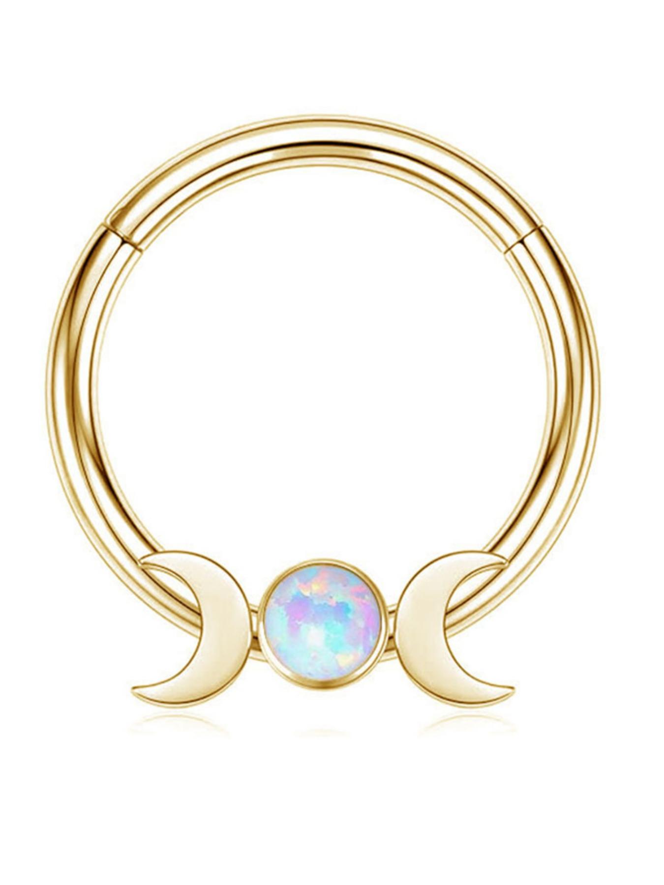 Moon Opal Septum Ring for Women, Stainless Steel Nose Ring Hoop, Double Crescent Cartilage Earring, Minimalist Piercing Jewelry, Aesthetic Gift