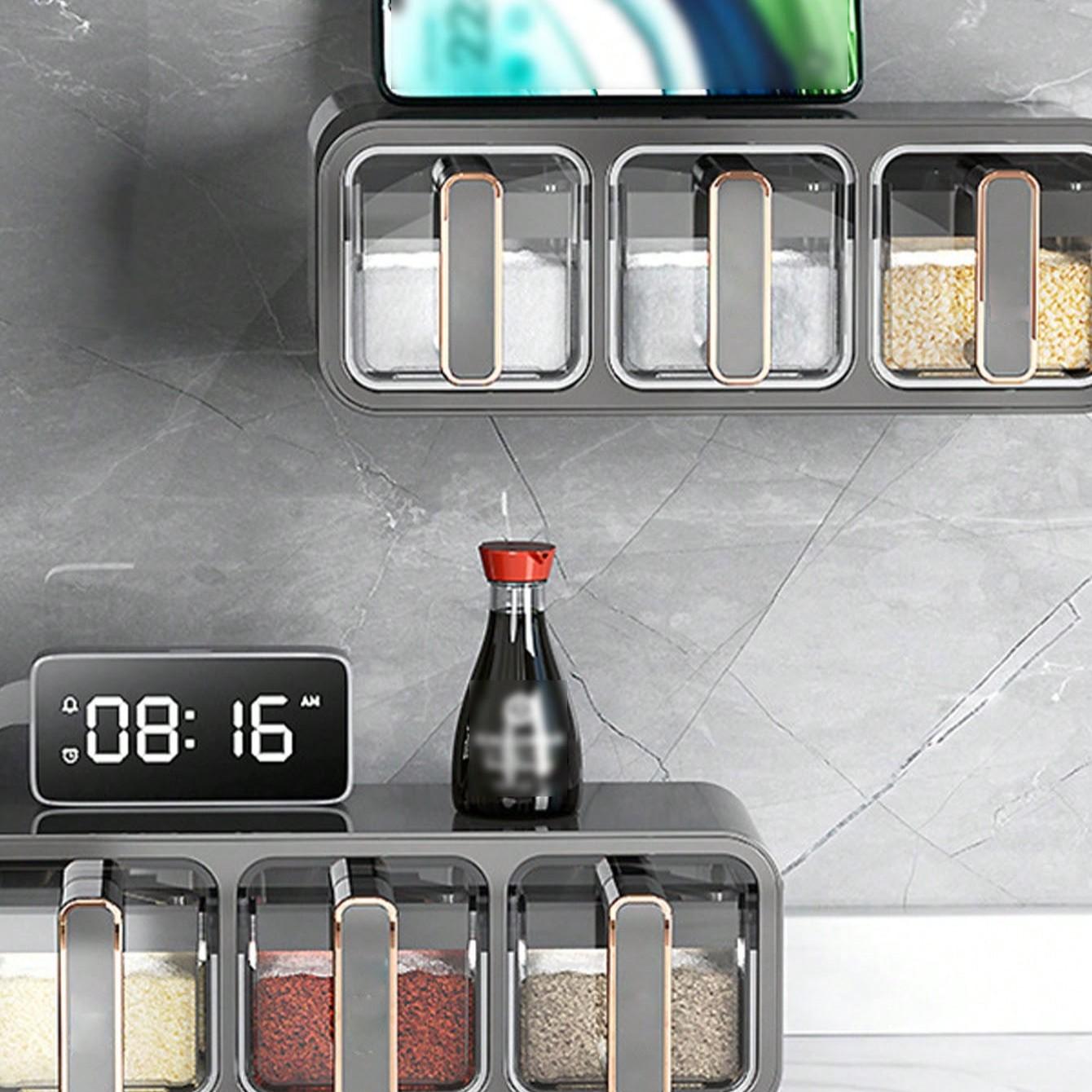 1pc Kitchen Spice Box with Spoon, Adjustable Storage Container, Wall-Mounted Sealed Seasoning Set, Multi-Functional Organizer