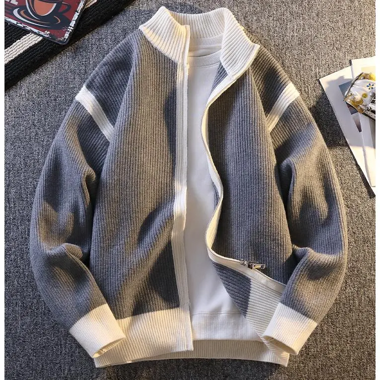 Men's Autumn-Winter Color Block Zip Cardigan Jacket - Ribbed Stand Collar, Polyester Mix Knit, Casual Wear, Versatile for Solo Wear or Layering in Cold Seasons