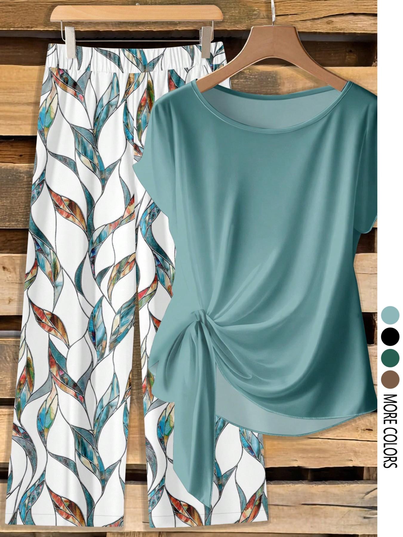 Women's Casual Printed Necktie Shirt and Loose Straight Pants Set, Perfect for Spring and Summer, Comfortable Two-Piece