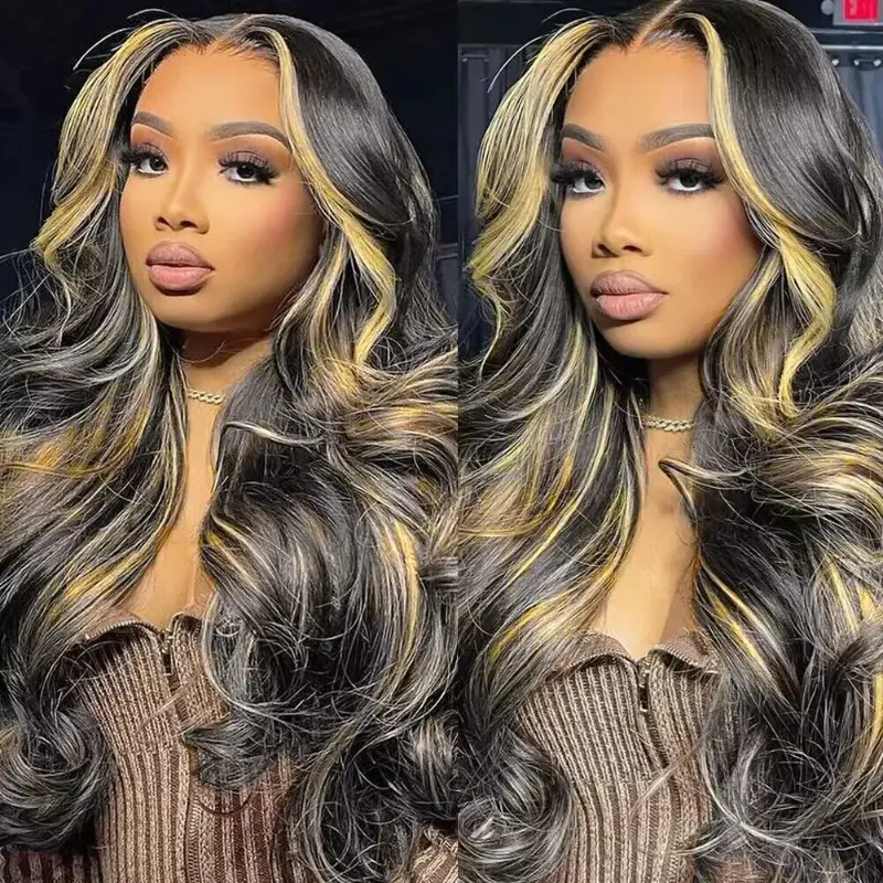 QUANDIAN Women's 13*6 Lace Front Wavy Human Hair Wig, 100% Human Wigs, 200% Density Body Wave, Balayage Ombre Highlight, Pre-Plucked Natural Hairline