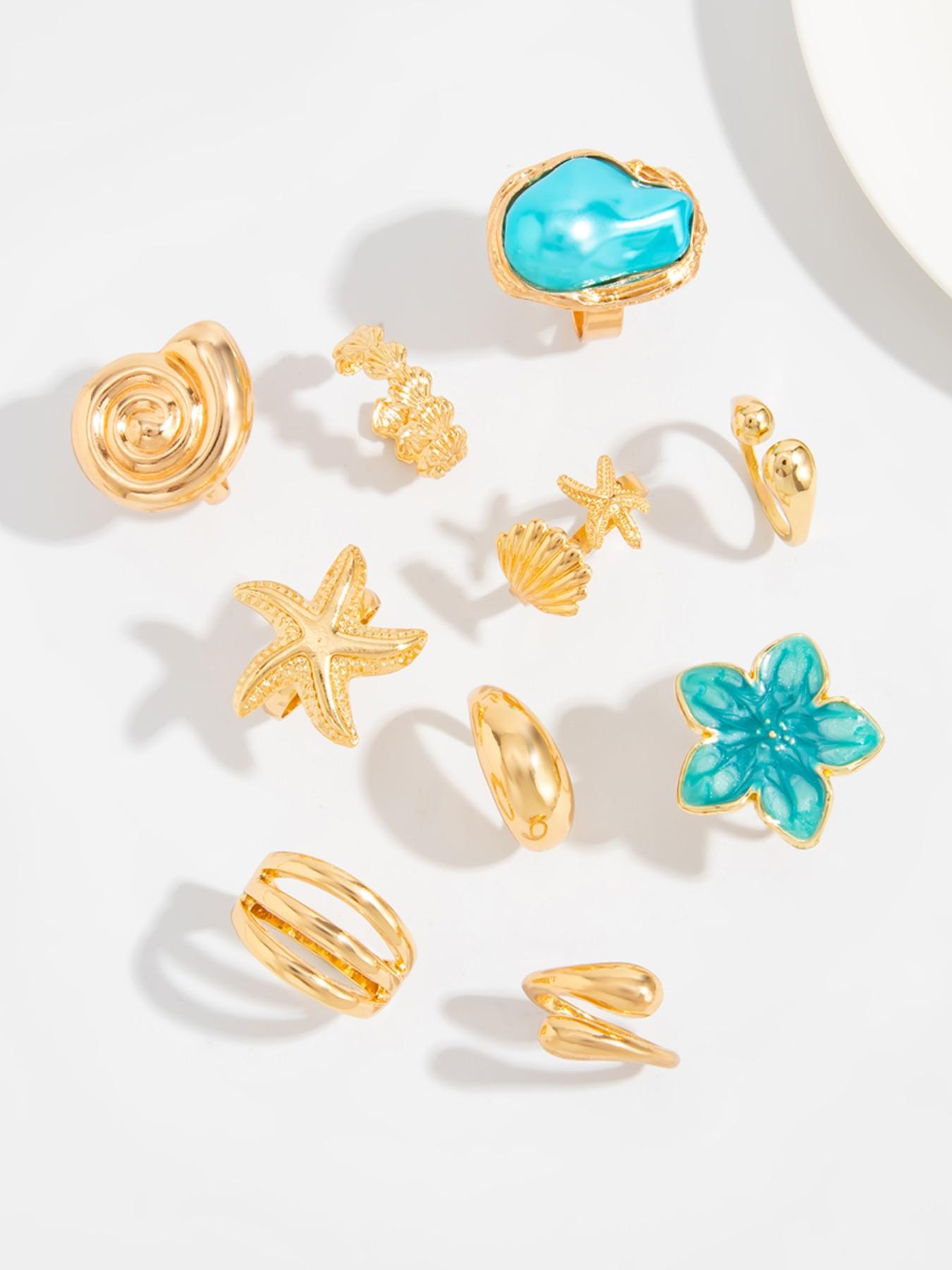 10 Pcs Boho Beach Starfish Ring Set, Boho Style Rings, Alloy Flower Stackable Finger Rings, Beautiful Rings, Party Jewelry, Gift for Holidays, Birthday and Beach