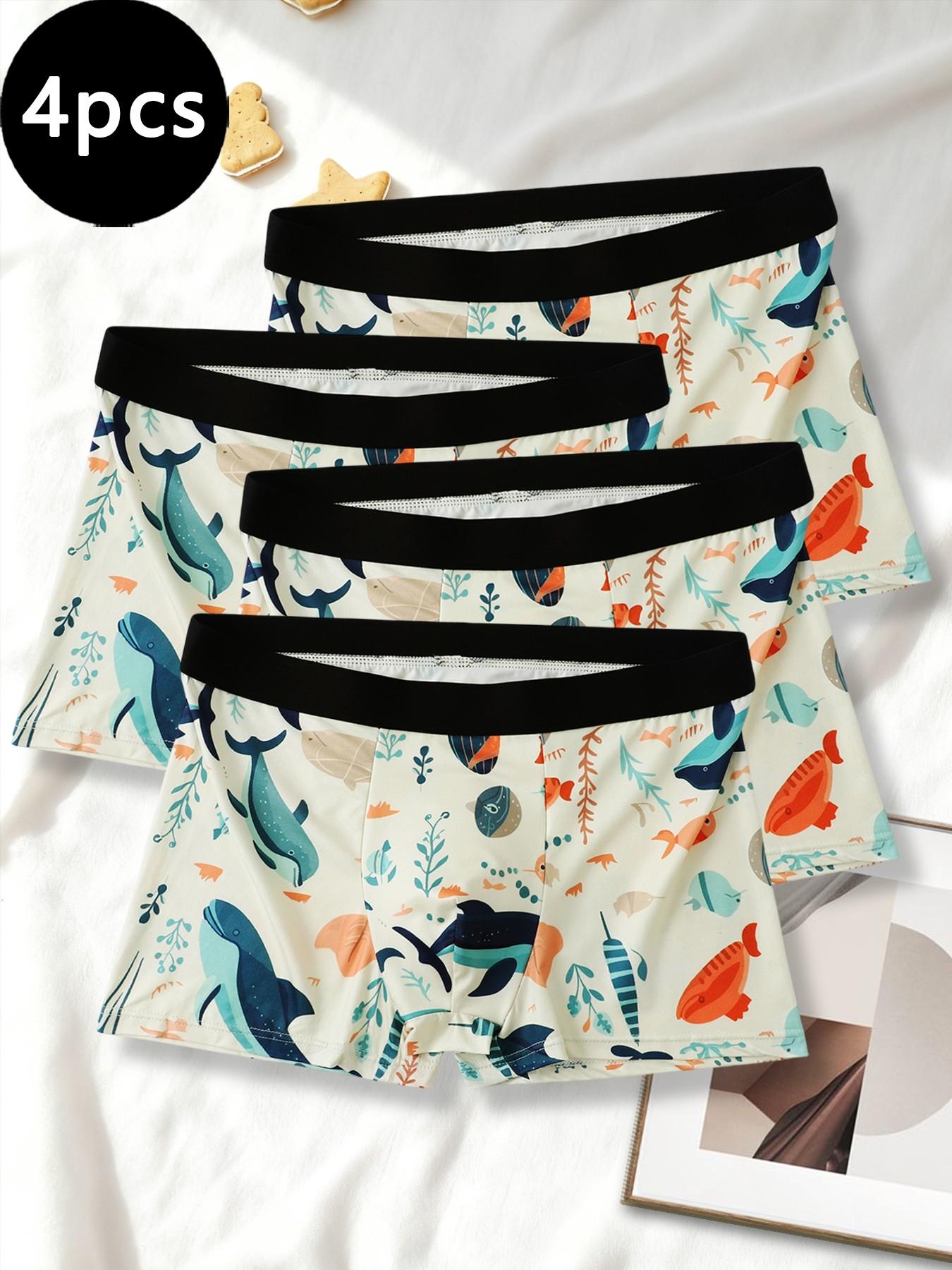 4-piece marine-style men's underwear | Marine life print pattern | Soft and well-shaped
