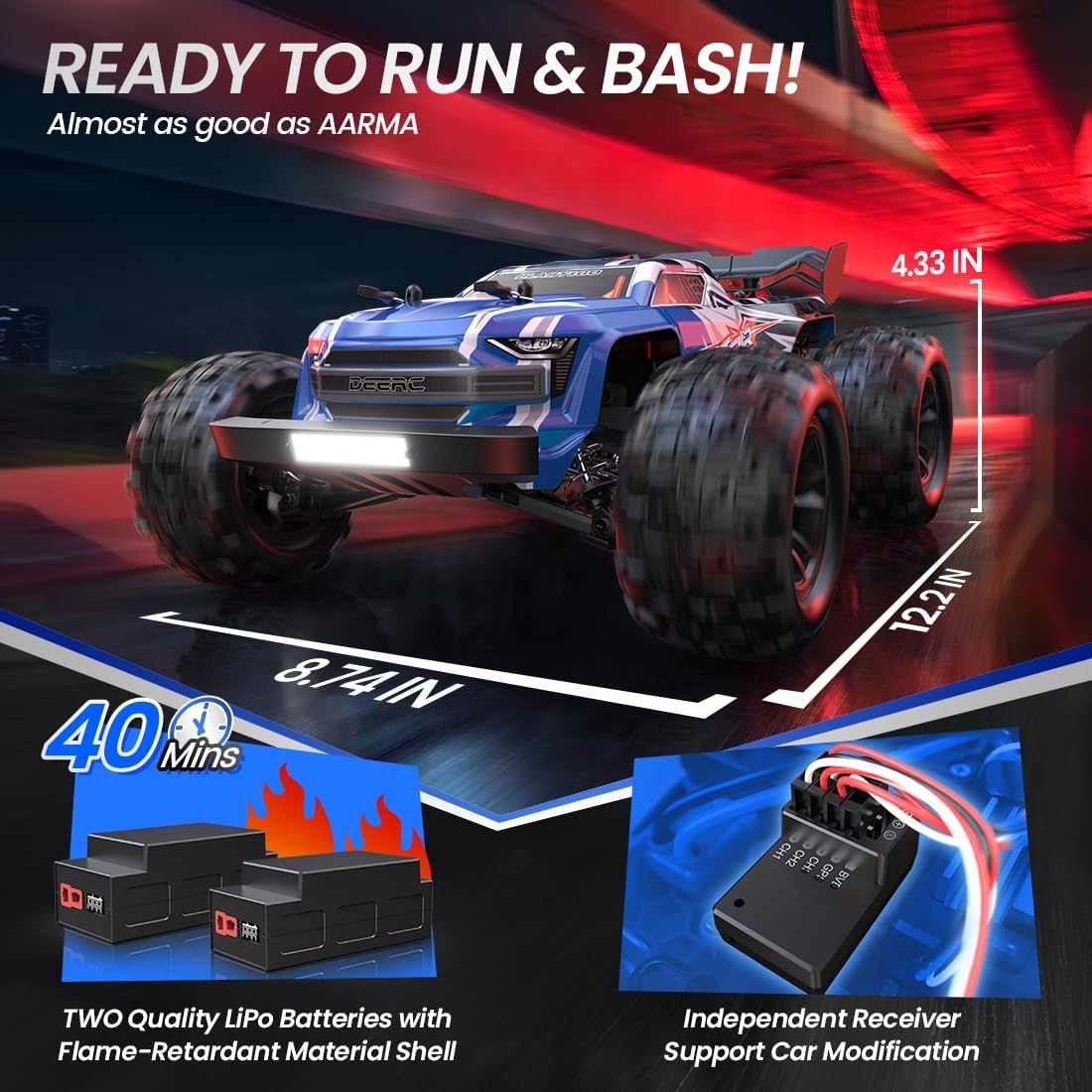 DEERC H16E Brushless Extreme High Speed RC Truck, Max 70kph, 1:16 4X4 RTR Fast RC Cars, All Terrains RC Monster Truck, Off Road Hobby Electric Vehicle Gift, 2 Li-po Batteries