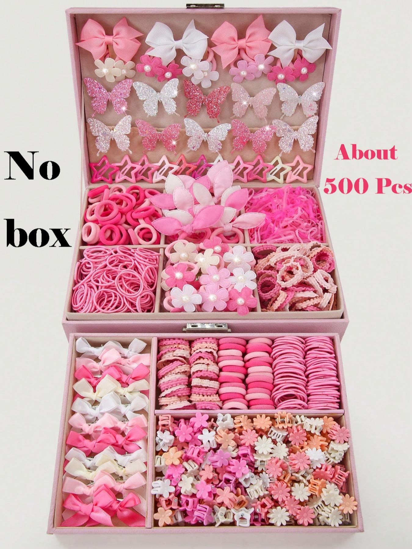 500pcs/Set Girls' Pink Bowknot Hair Clips, Cute Princess Hair Accessories, High Elastic Durable Non-Damaging Hair Ties, Hair Bands, Fluffy Rabbit Ear Hair Rings, Versatile Duck Clip Barrettes, Suitable For Daily Use