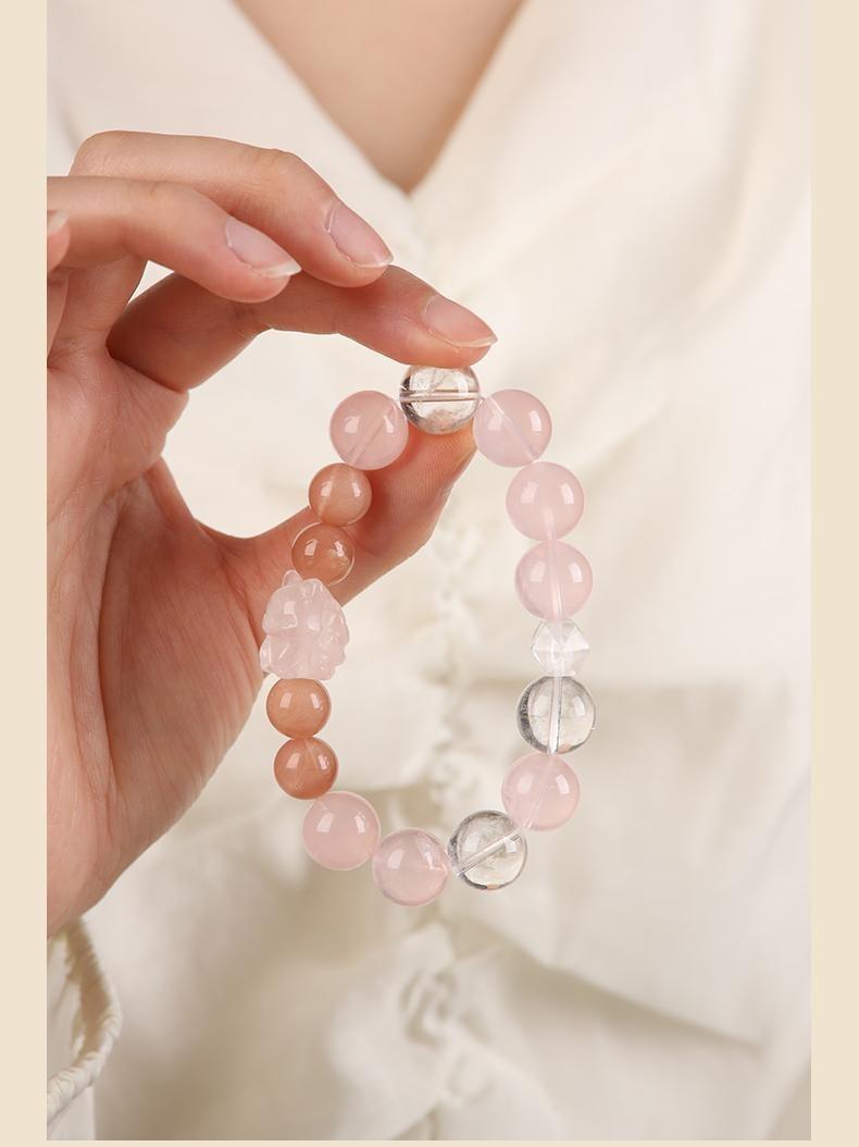 [Love Fortune] crystal bracelet, rose quartz white crystal sunstone pink quartz carving, unisex, daily wear gift, 10mm beads natural stone, love romance luck symbol