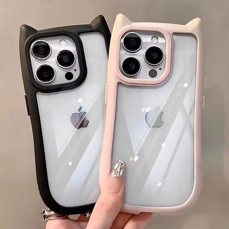 Soft Silicone Cute Cat Ear Phone Case For iPhone 16 17 13 15 14 12 11 Pro Max Air XS Max Funda Transparent Shockproof Back Cover