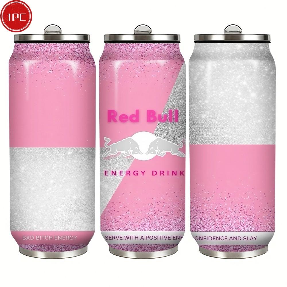 1pc 17oz Red Bull Pink Glitter Vacuum Insulated Mug, Portable Stainless Steel Cup with Lid, Ideal Sports & Coffee Mug for Family Friends, Great for Camping, Outdoor & Holiday Gifts