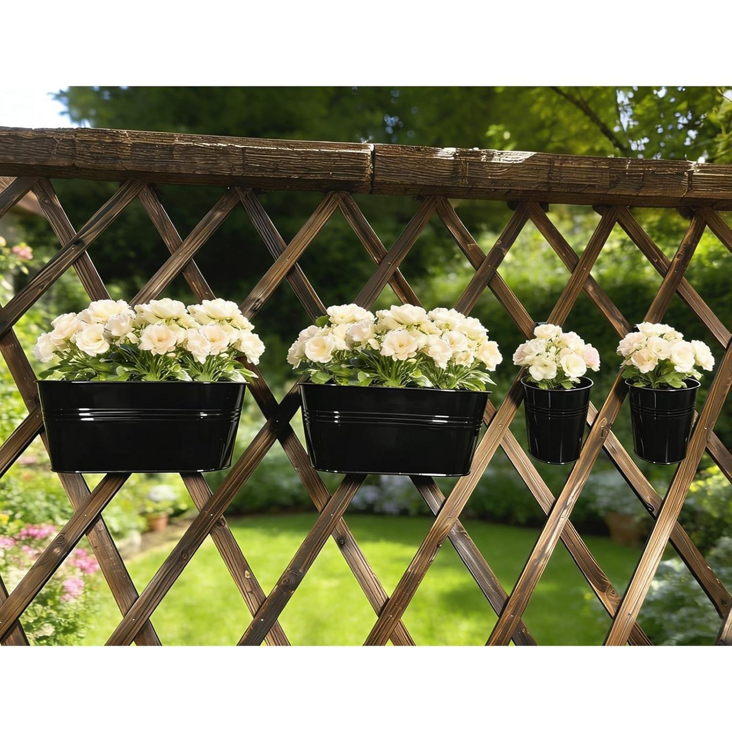 Set of 6 Balcony  Planters, 2 count 17" Metal Railing Flower Pots & 2 count 12" Deck Planter & 2 count 4" Fence Pot for Outdoor Patio Garden Decor, Black