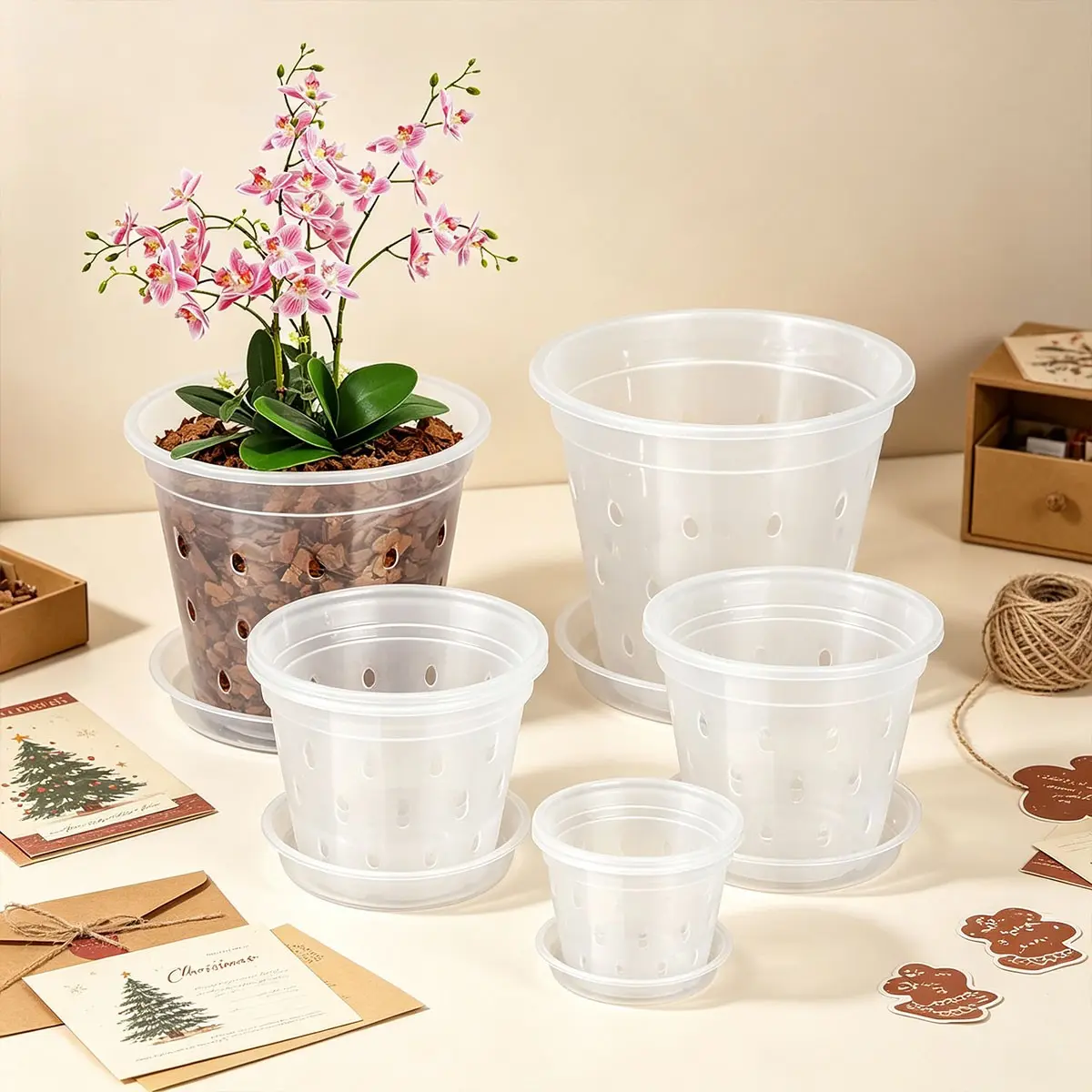Transparent Orchid Pots with Base, Multi-Size Plastic Flower Pots, Modern Planters for Indoor Outdoor Decor, Drainage Holes Included
