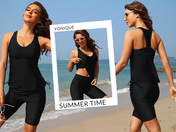 Yonique Women Two Piece Tankini Swimsuits with Shorts Athletic Bathing Suit with Swim Shorts Racerback Swimwear