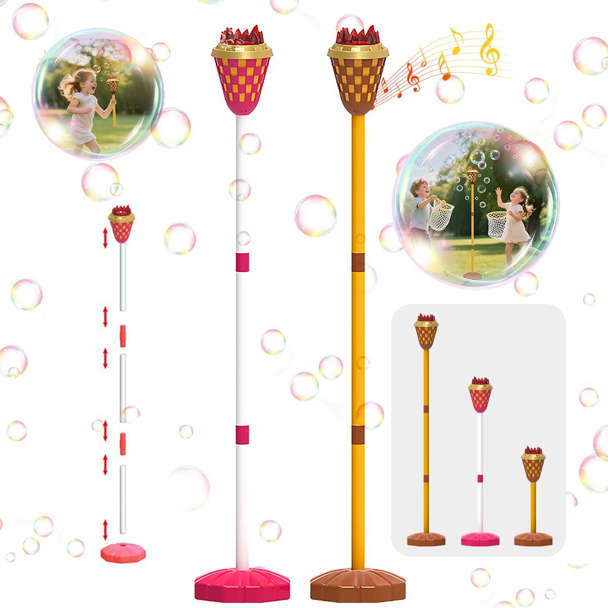 Simulated Torch Bubble Machine with 1 Bottle 100ML Bubble Liquid, Adjustable Height, Light Sound Effect, Handheld Standing Dual Use