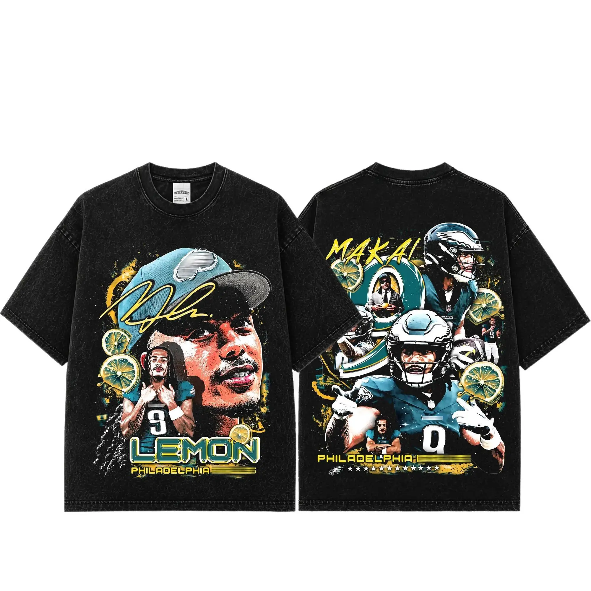 Unisex Makai Lemon # 9 Premium Acid Washed Cotton T-Shirt, Heavyweight Vintage Graphic Tee, Oversized Washed Football Shirt, Eagles Football Fan Apparel, Game Day Outfit, Distressed Streetwear, Unisex Football Graphic Tee, Gift for Football Fans