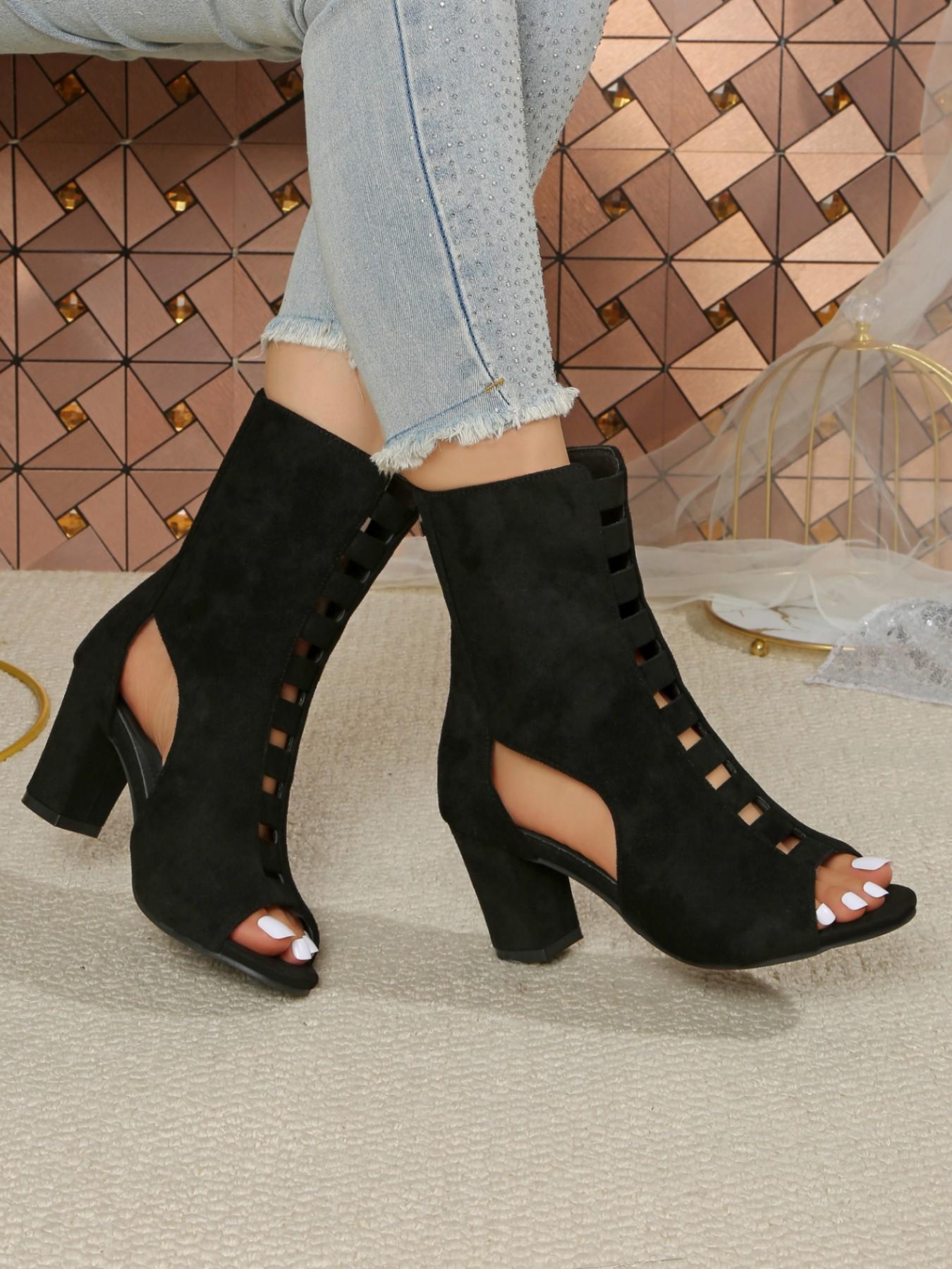Women Peep Toe Cutout Ankle Booties Trendy Suede Hollow Out Sandal Boots Back Zipper Chunky Block Heels Dance Street Concert Evening Daily Outfits 1 Color Solid Black Dressy Summer Shoes