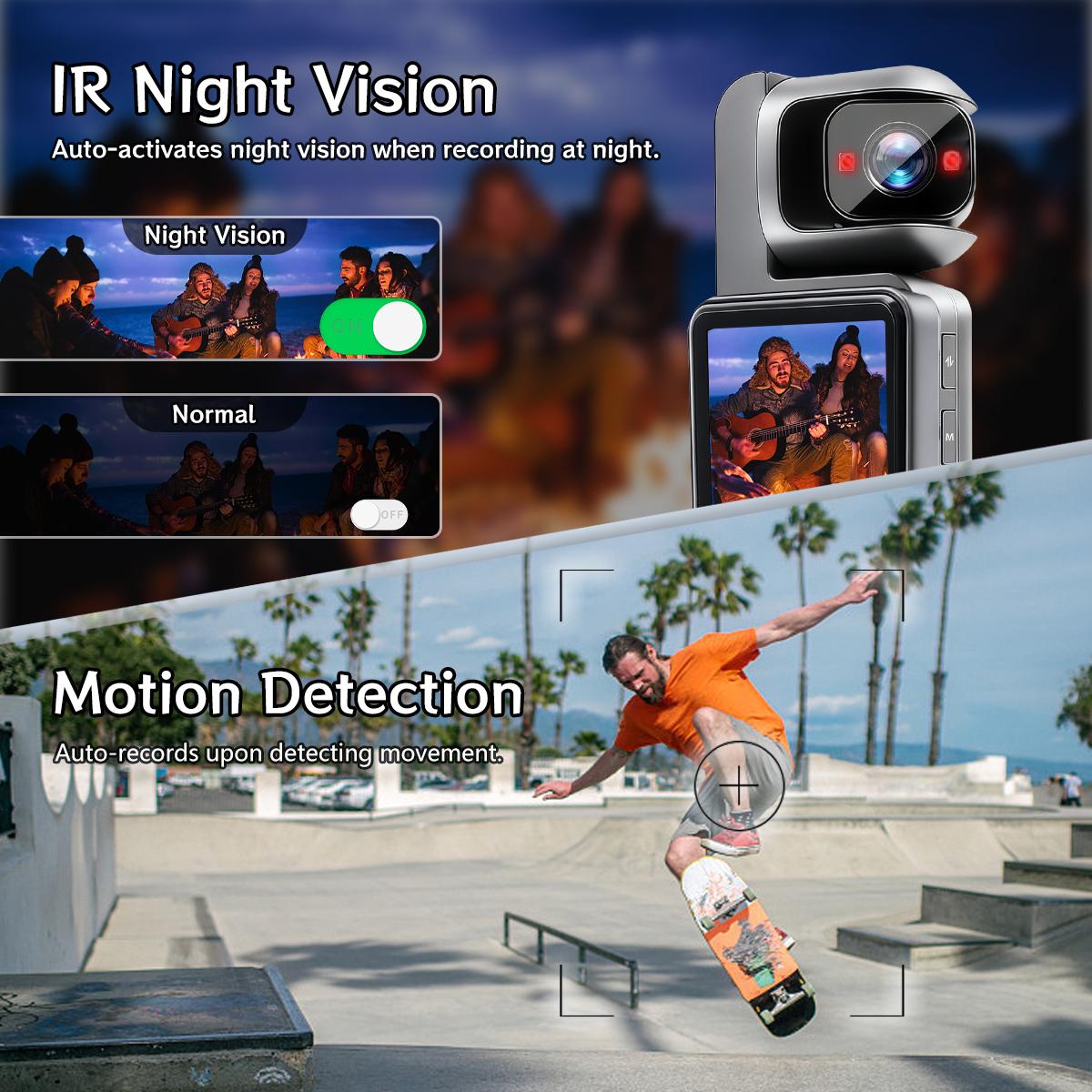 High-Definition 180° Rotating Lens Portable Sports Camera, 6x Digital Zoom, Wide Angle, Wireless Transmission, Night Vision, Loop Recording