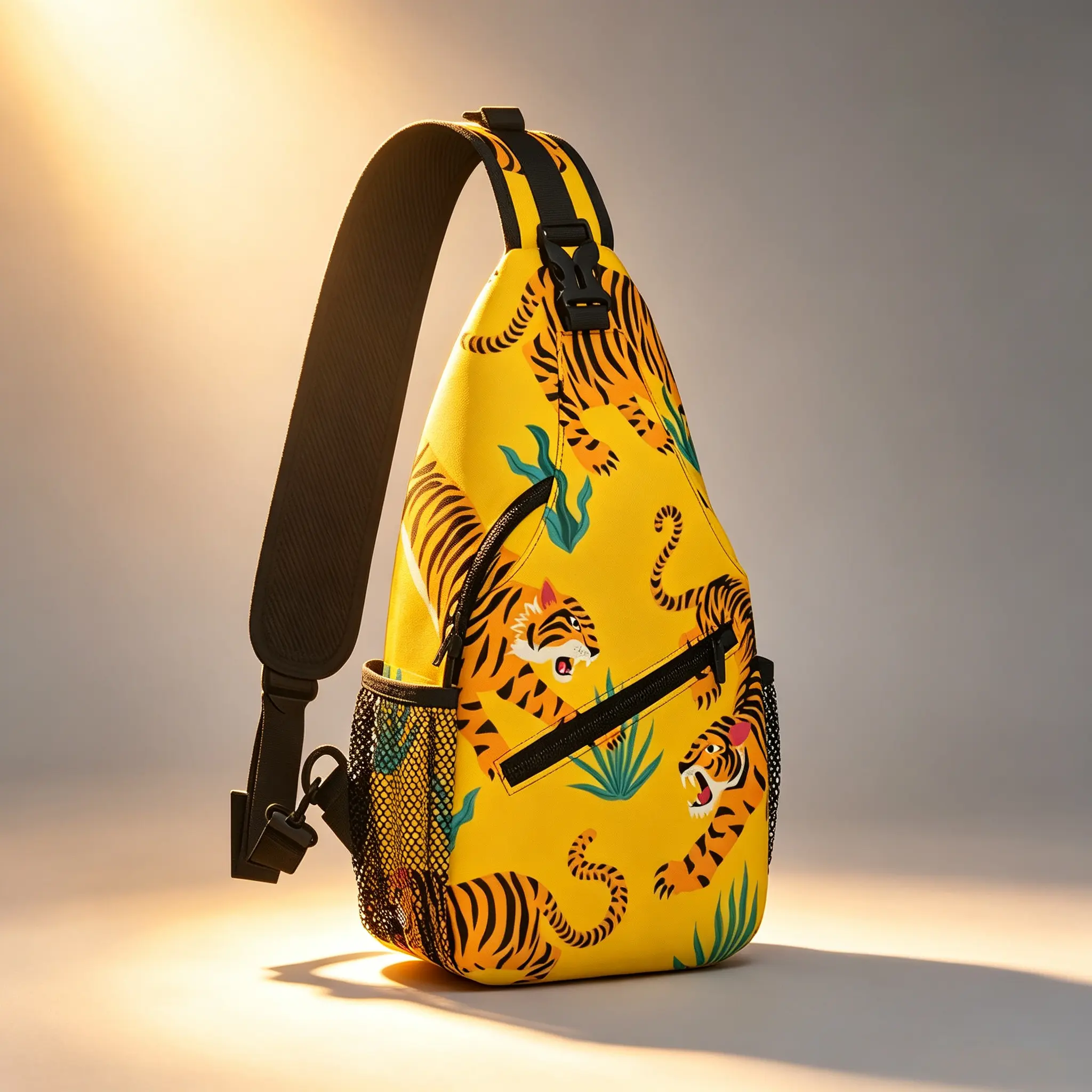 Angry Tiger Print Sling Crossbody Backpack, Durable Polyester Chest Bag with Zipper Pocket, Fits iPad, Books & Cameras, Unisex for Travel, Hiking, Fishing & Beach
