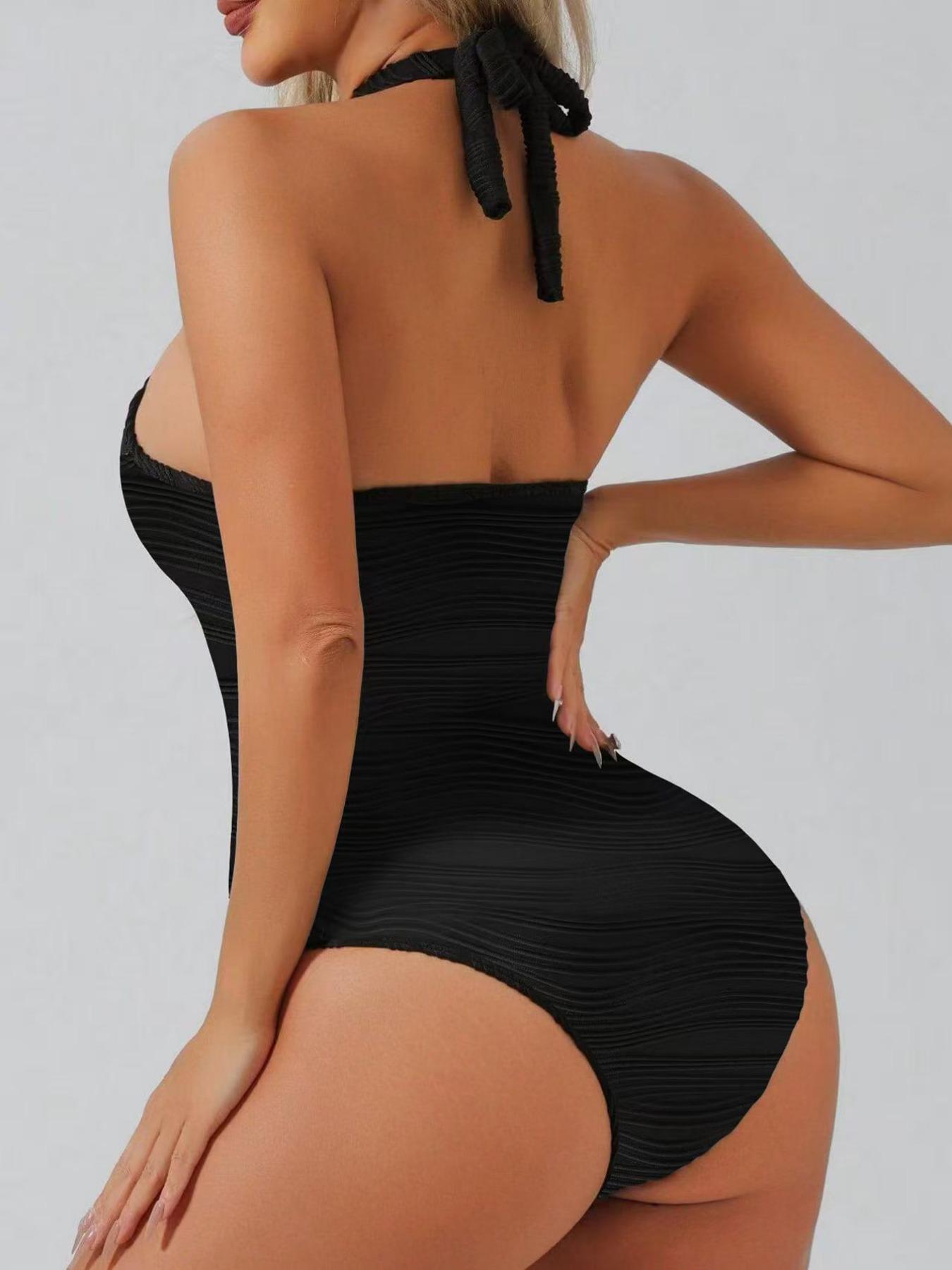 Summer New Knitted Jacquard Special Fabric One-Piece Swimsuit, Pure Color Halter Backless Beach Vacation Swimwear Halter Swimsuits for Women, Ribbed One Piece