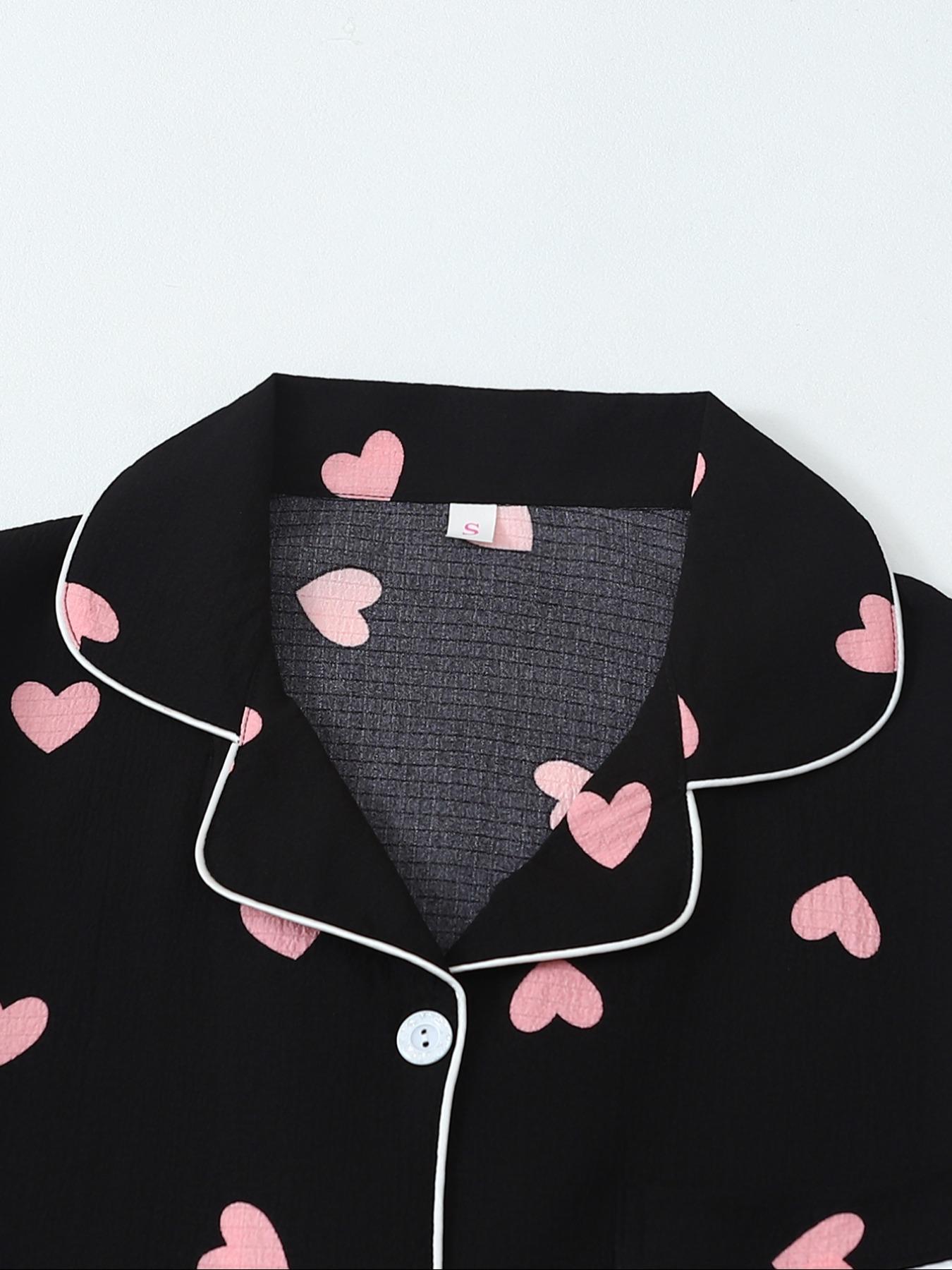 Women's Two-Piece Pajama Set, Fitted Casual Comfortable Woven Lapel Pocket Heart Shirt Short Sleeve + Elastic Waist Home Pants, All-Season Sleepwear Loungewear