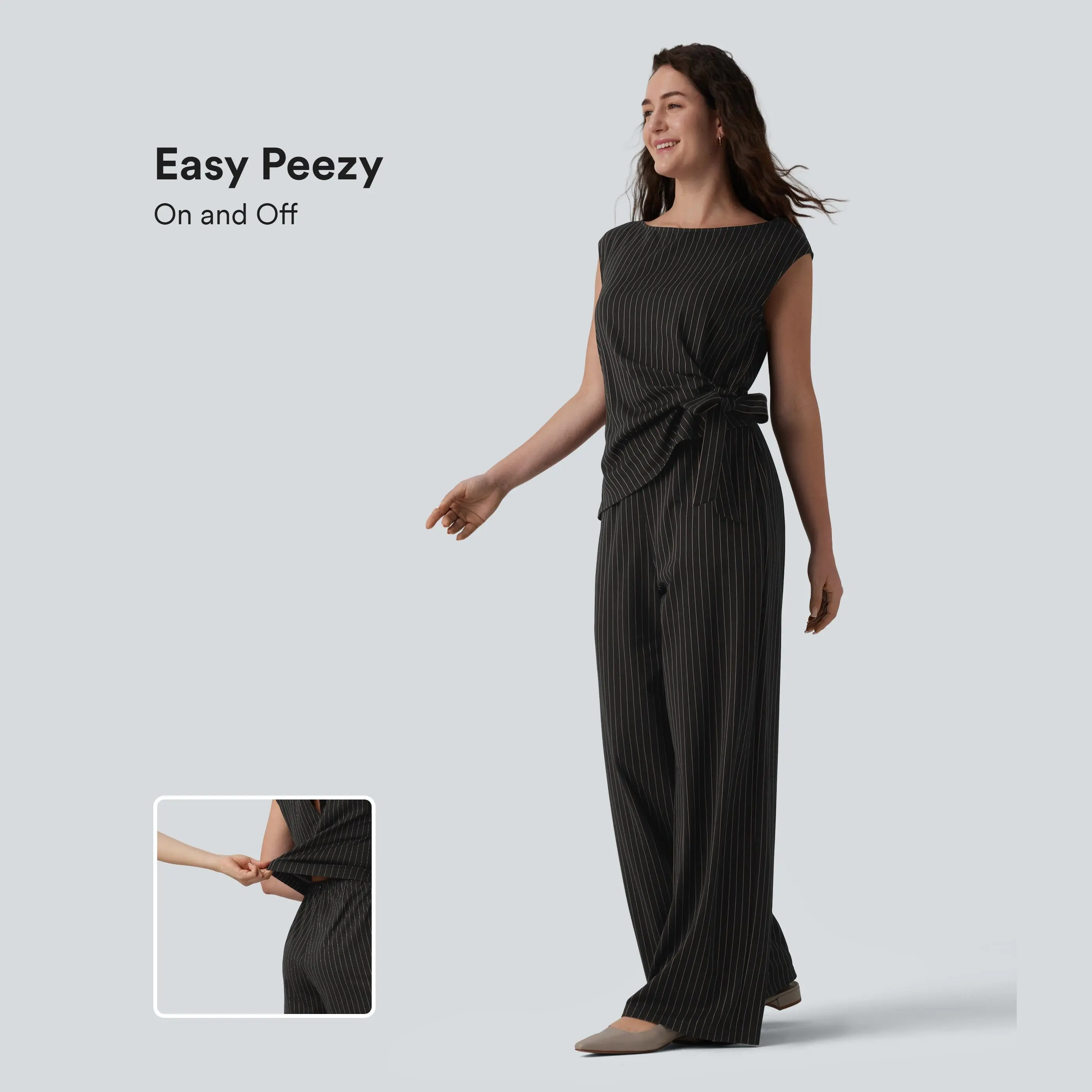 Halara Boat Neck Sleeveless Tie Side InstantCool Stripe Work Jumpsuit with Pockets-Easy Peezy Edition
