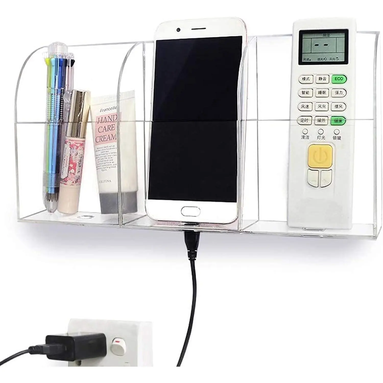 YFMHK Large Acrylic 3-Slot Wall Mounted Smart Phone Charging Holder Station Clear Hanging TV Remote Controls Holder Media Organizer Wall Pansyling