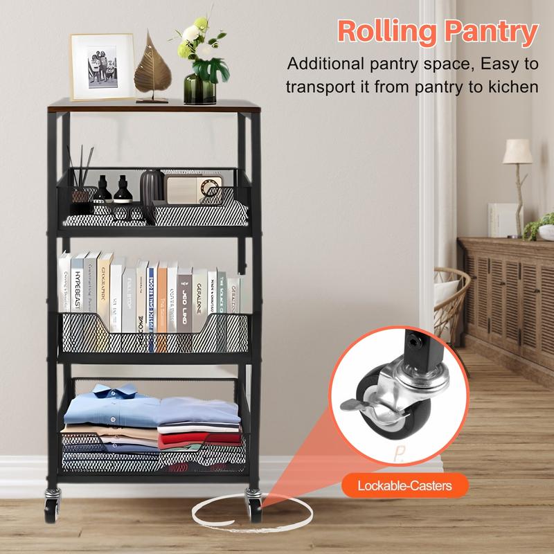 Rolling Fruit Vegetable Basket Stand for Kitchen 4-Tier Storage Cart on Wheels with Wood Top Metal Utility Organizer Trolley Cart for Pantry, Office, Bathroom