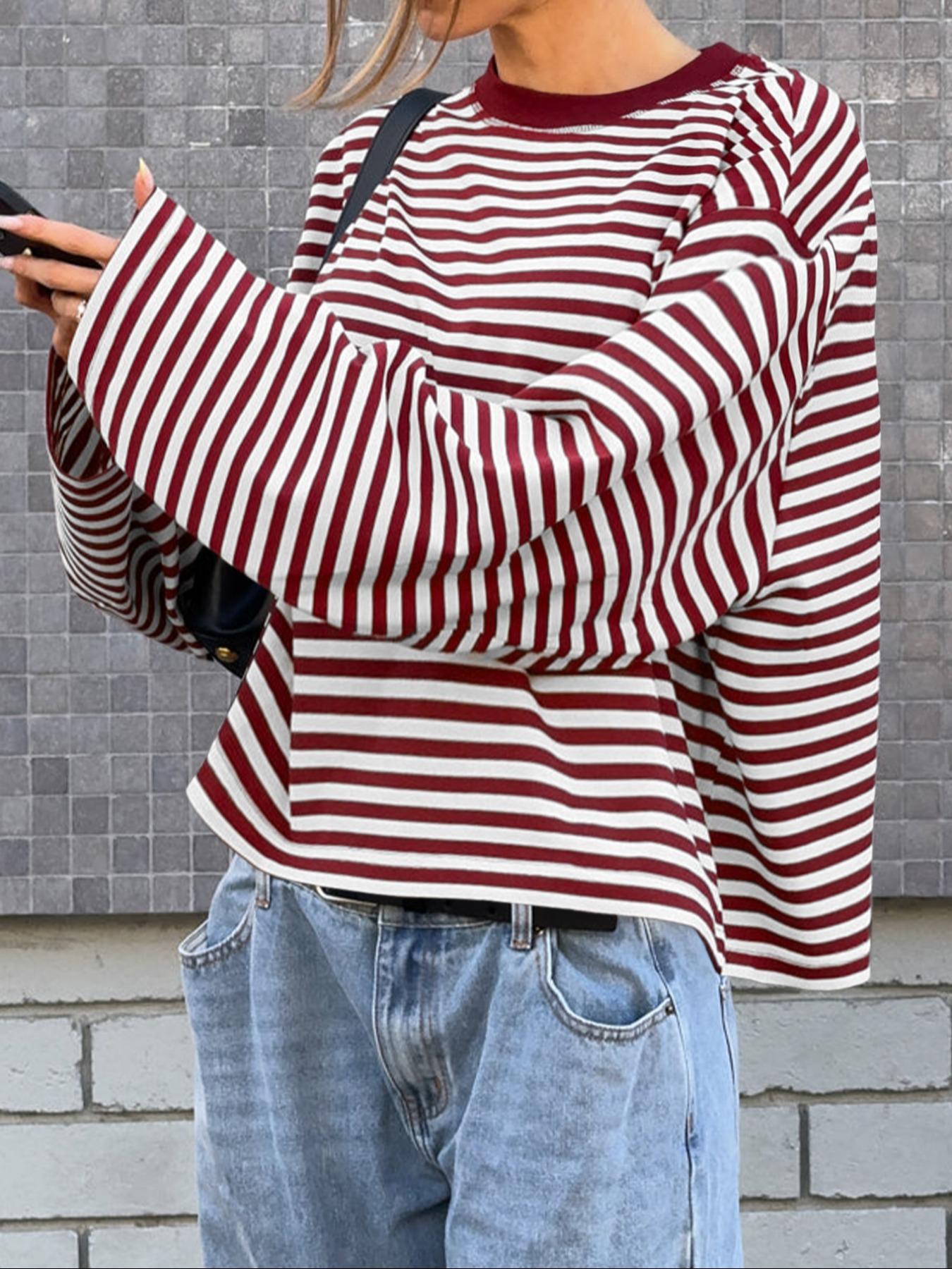 Women's Casual Loose-Fit Striped Long Sleeve Oversized Top, Trendy Street Style Round Neck Pullover Womenswear