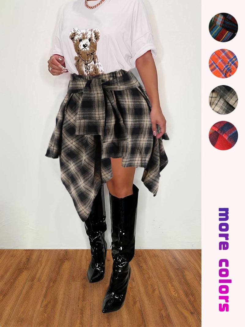 【Plus Size】 Plaid Print Asymmetrical Hem Skirt, Casual Knee Length Skirt for Fall & Winter, Women's Bottoms for Daily Wear