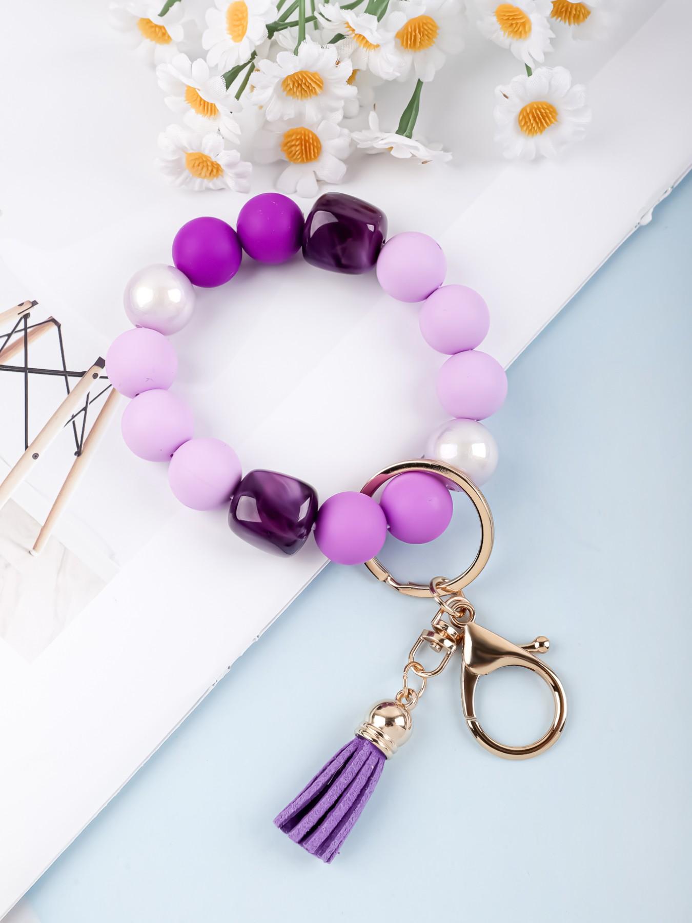 Solid Color Beaded Wristlet Keychain for Women, Matte Silicone Acrylic Beads, Tassel Charm, Minimalist Key Holder, Fashion Gift