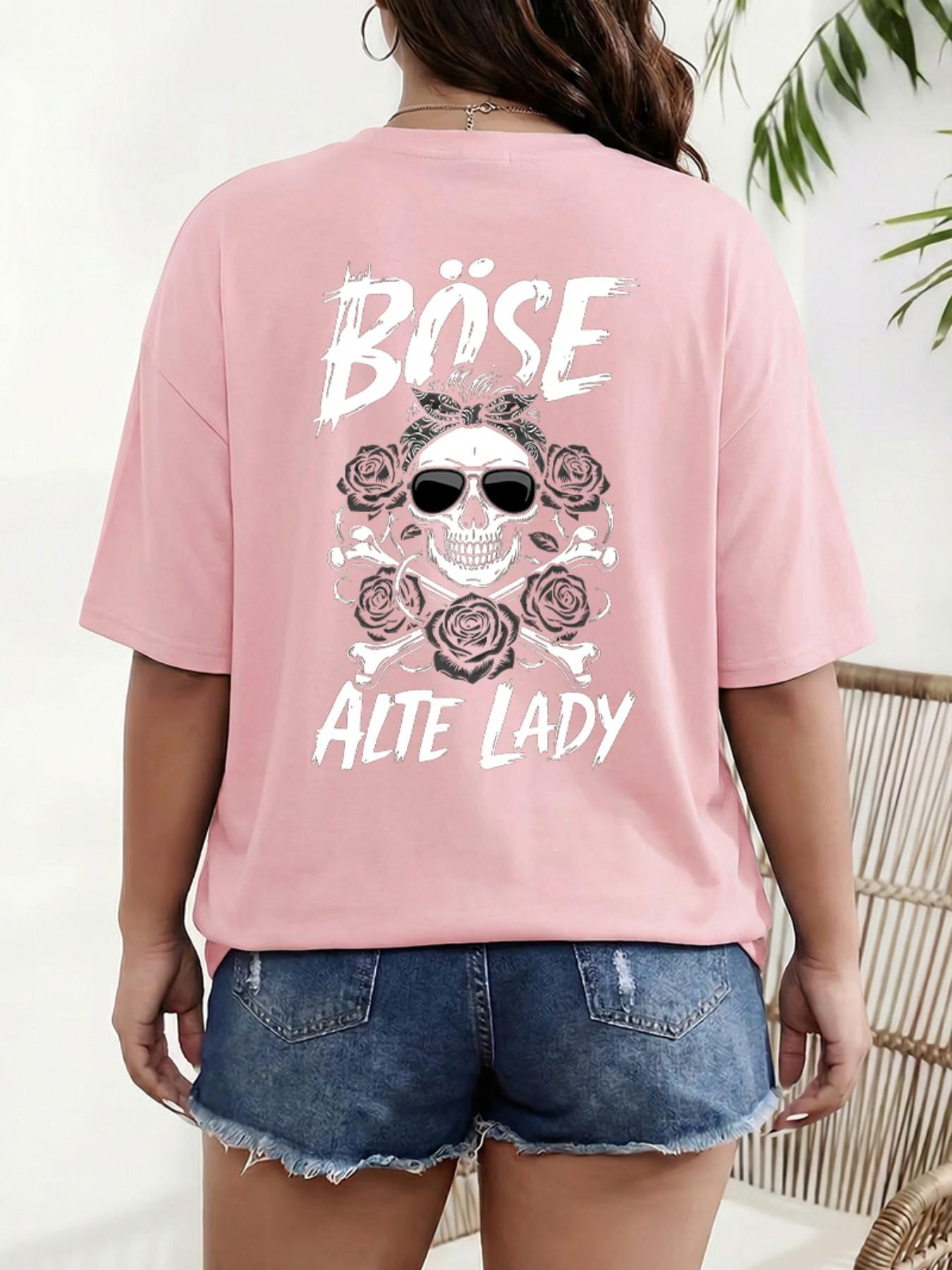 German Retro Design Böse Alte Lady Skull Rose Print Plus Size T-Shirt, Loose Shoulder Pure Cotton Short Sleeve, Casual Summer Top