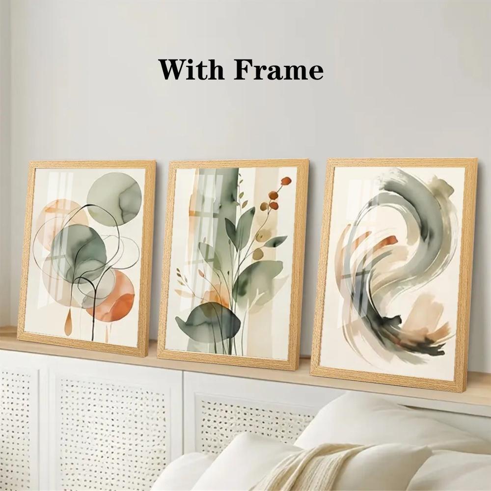 3-Piece Optional Wooden Frame Beige Sage Green Abstract Watercolor Plant Geometric Art Poster High Grammage Moisture-proof Tear-resistant Canvas Color Print High Color Accuracy Non-deformation Modern Minimalist Living Room Bedroom Wall Decor