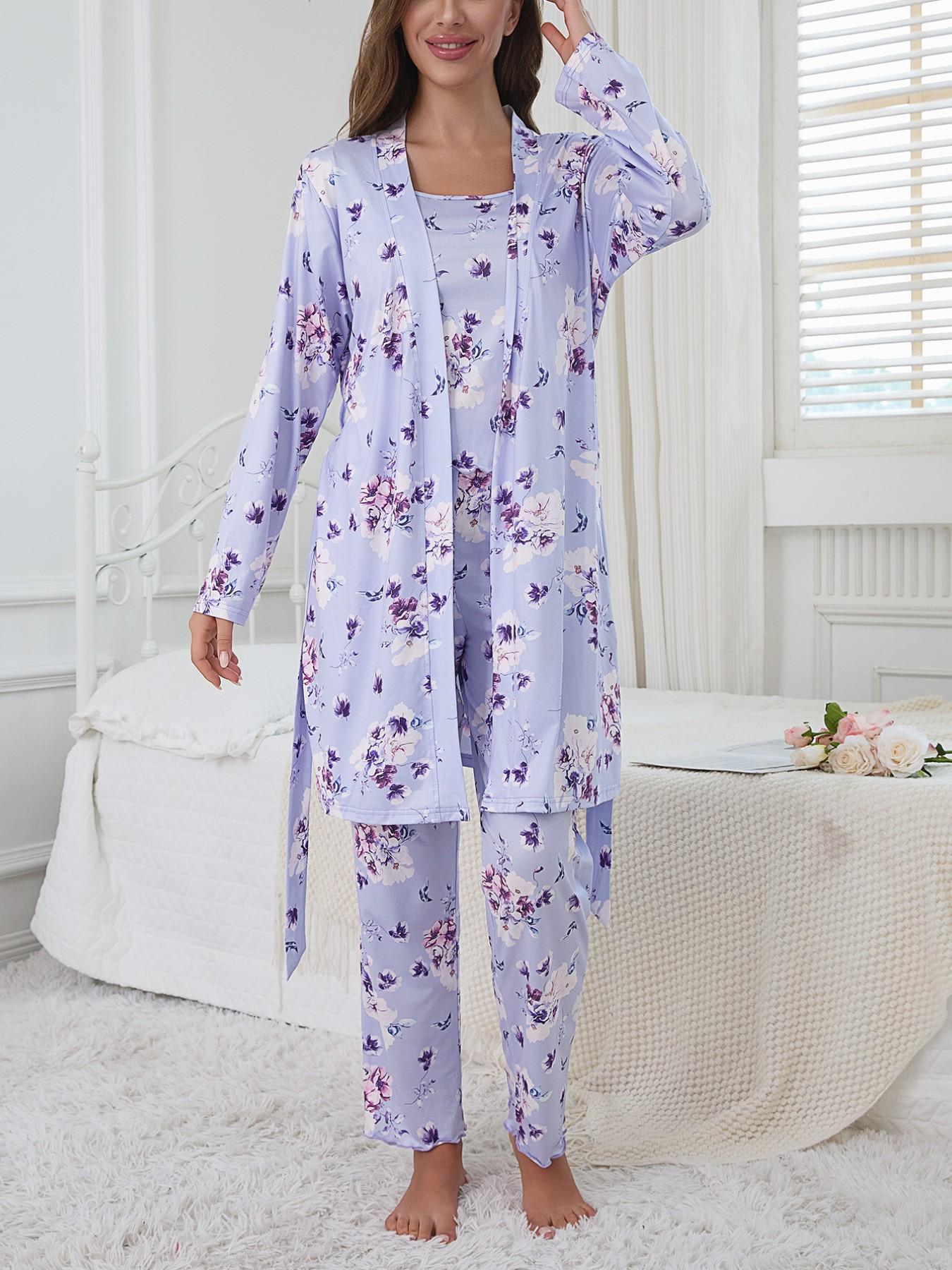 Floral Print Women's Robe Set + Strap Pants Three-Piece Comfortable Sleepwear Suit, Pajamas, Casual Home Wear for All Seasons