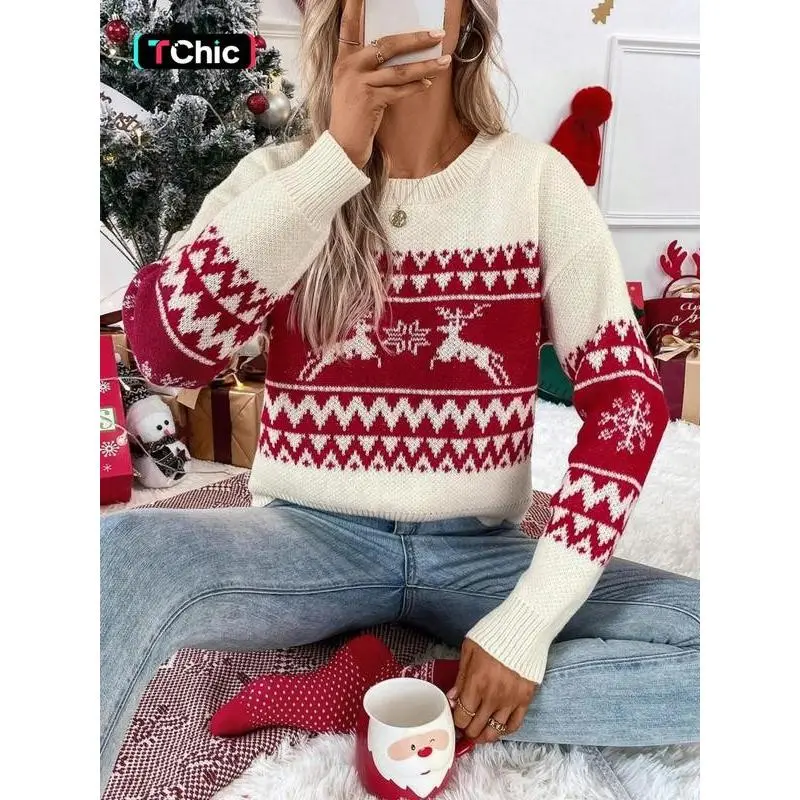 Women's Christmas Themed Cartoon Reindeer Print Drop Shoulder Sweater Pullover Casual Long Sleeve Round Neck Jumper for Fall & Winter Ladies' Knitwear for Daily Wear