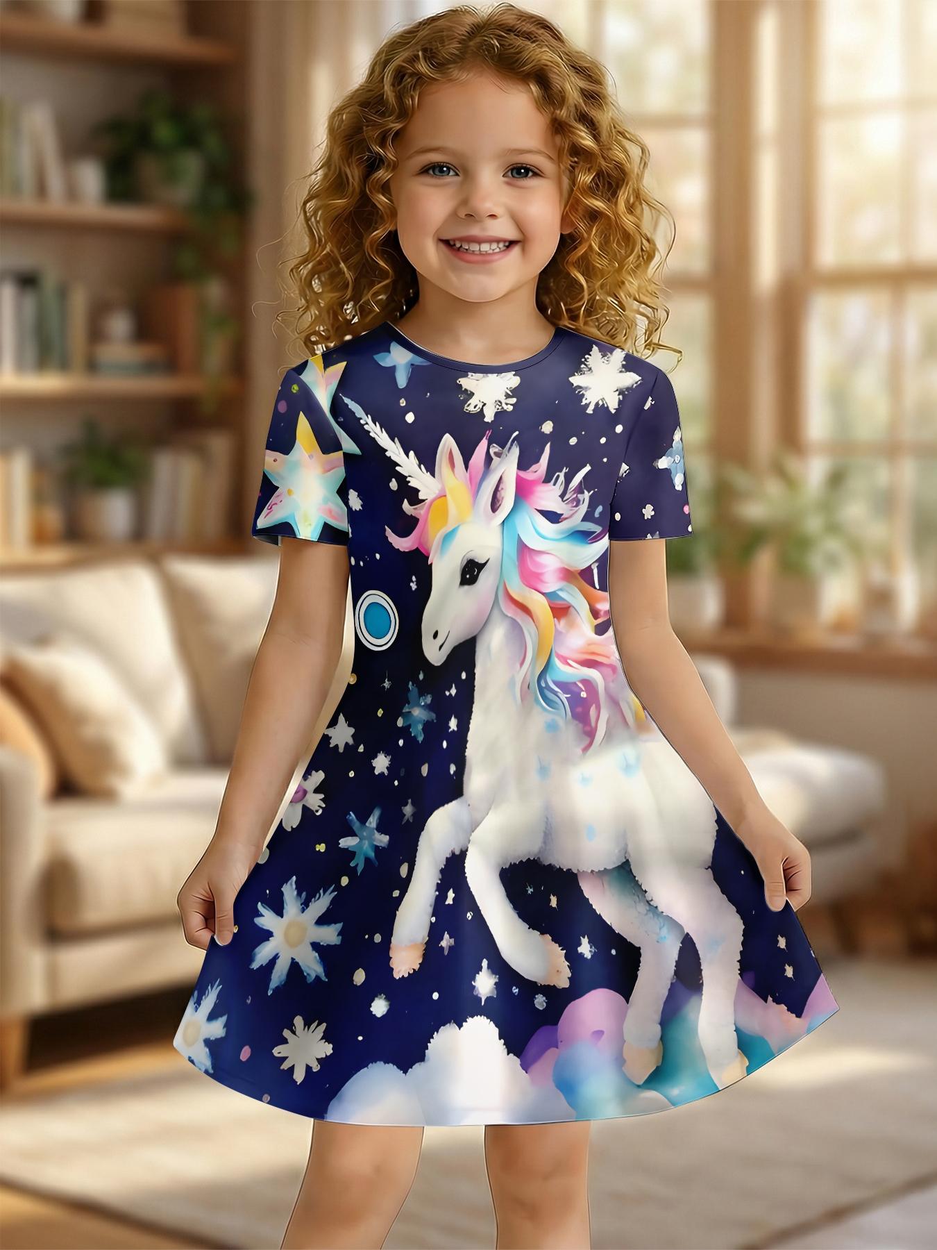 Girls Summer Starry Sky Unicorn Print Dress, Kids Dreamy Snowflake Crew Neck Short Sleeve A-Line Dress