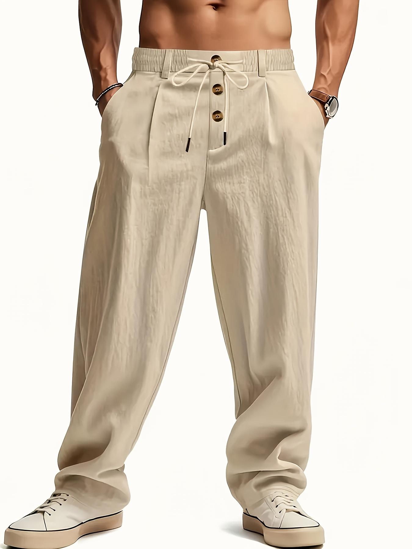 3 pieces of men's summer plain-color simple linen casual straight-leg trousers, Casual Solid Drawstring, beach-friendly lightweight breathable linen trousers, suitable for daily commuting and outdoor activities, vacations, beaches, Casual Fashion Pockets