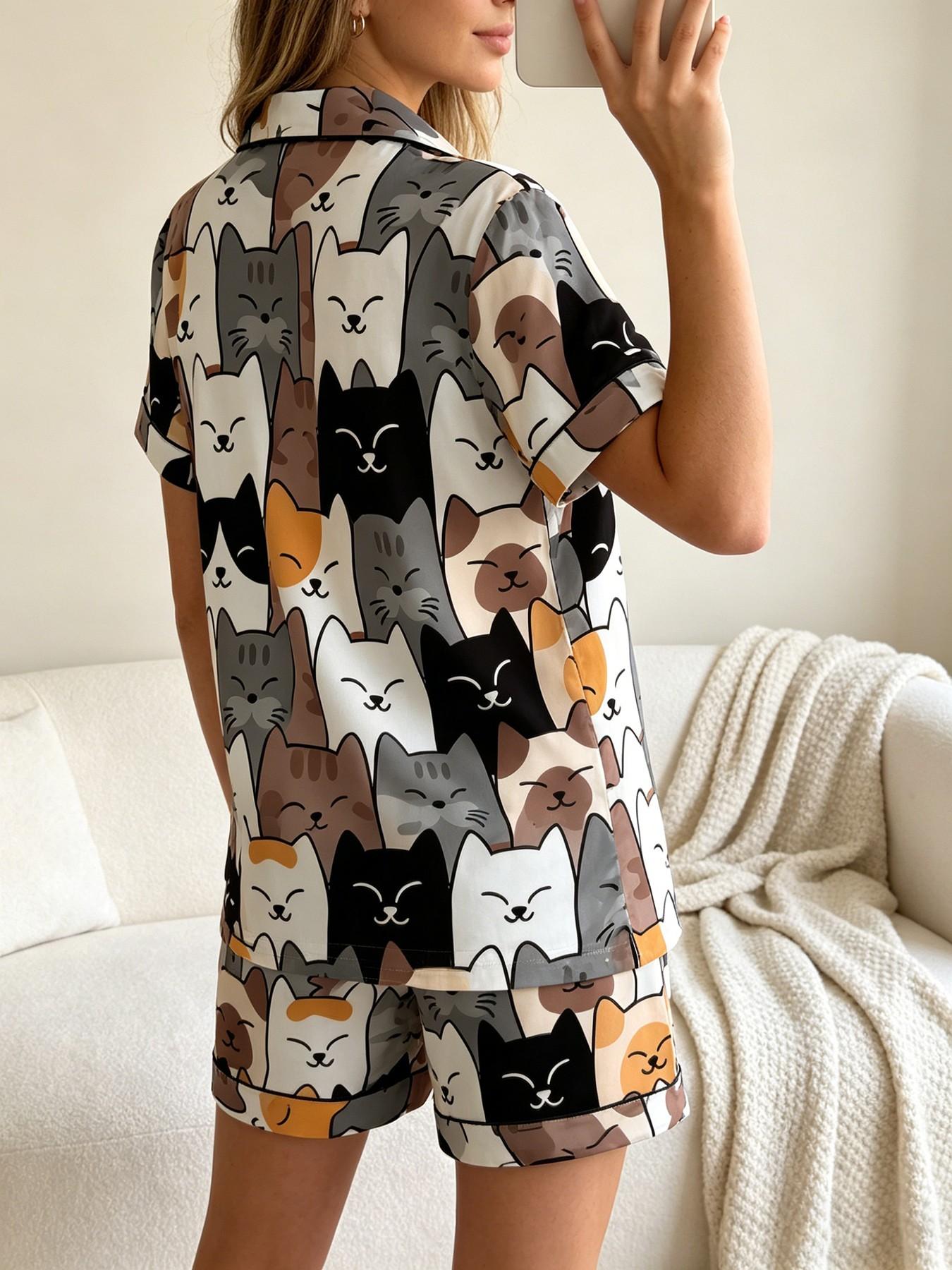 Women's Short Sleeve Button Down Top and Shorts Pajama Set, Spring Summer Wear, For Japanese Kawaii Soft Girls, White Base Soft Cat Head Print, Small Lapel Collar, Slim Fit No Bulk, Comfortable For Daily Home Wear