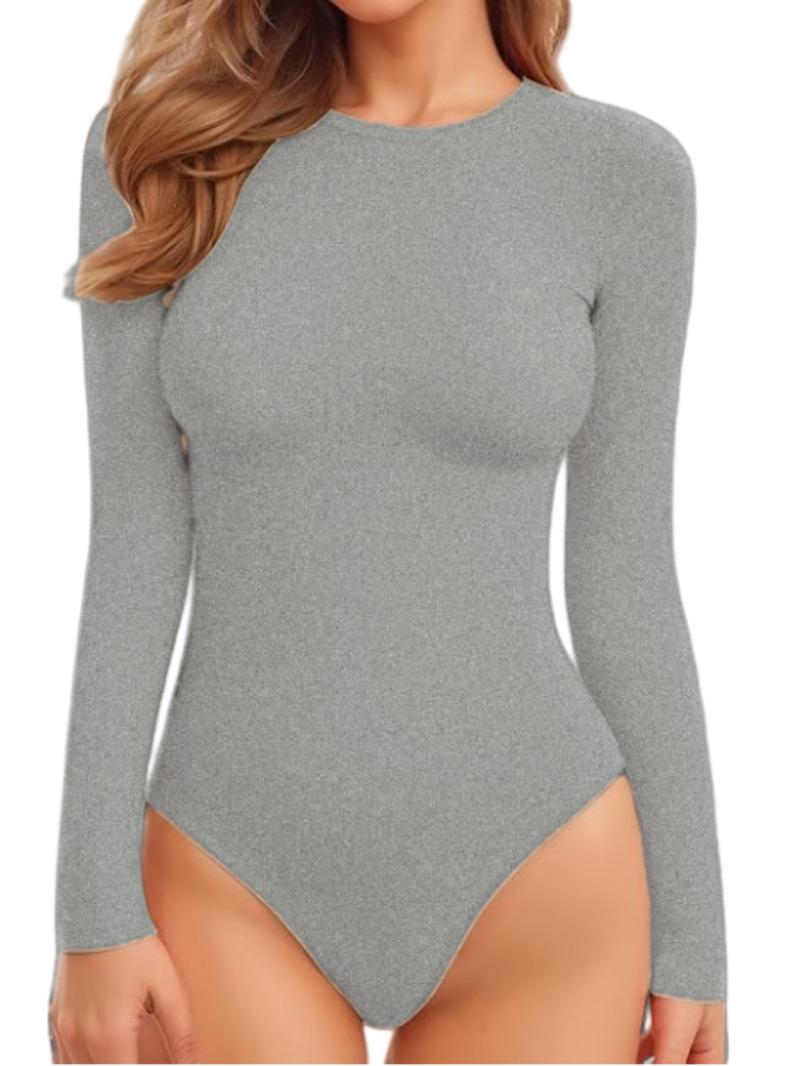 1/2 Counts Women's Solid Round Neck Shapewea Bodysuit,Casual Comfort Long Sleeve Slimming Bodysuit,Lady Tops for Spring&Fall,Womenswear，Women's Stylish Thermal Long Sleeve Bodysuit for Going Out Tops，Fabric Comfortable, Belly Control Bodysuit