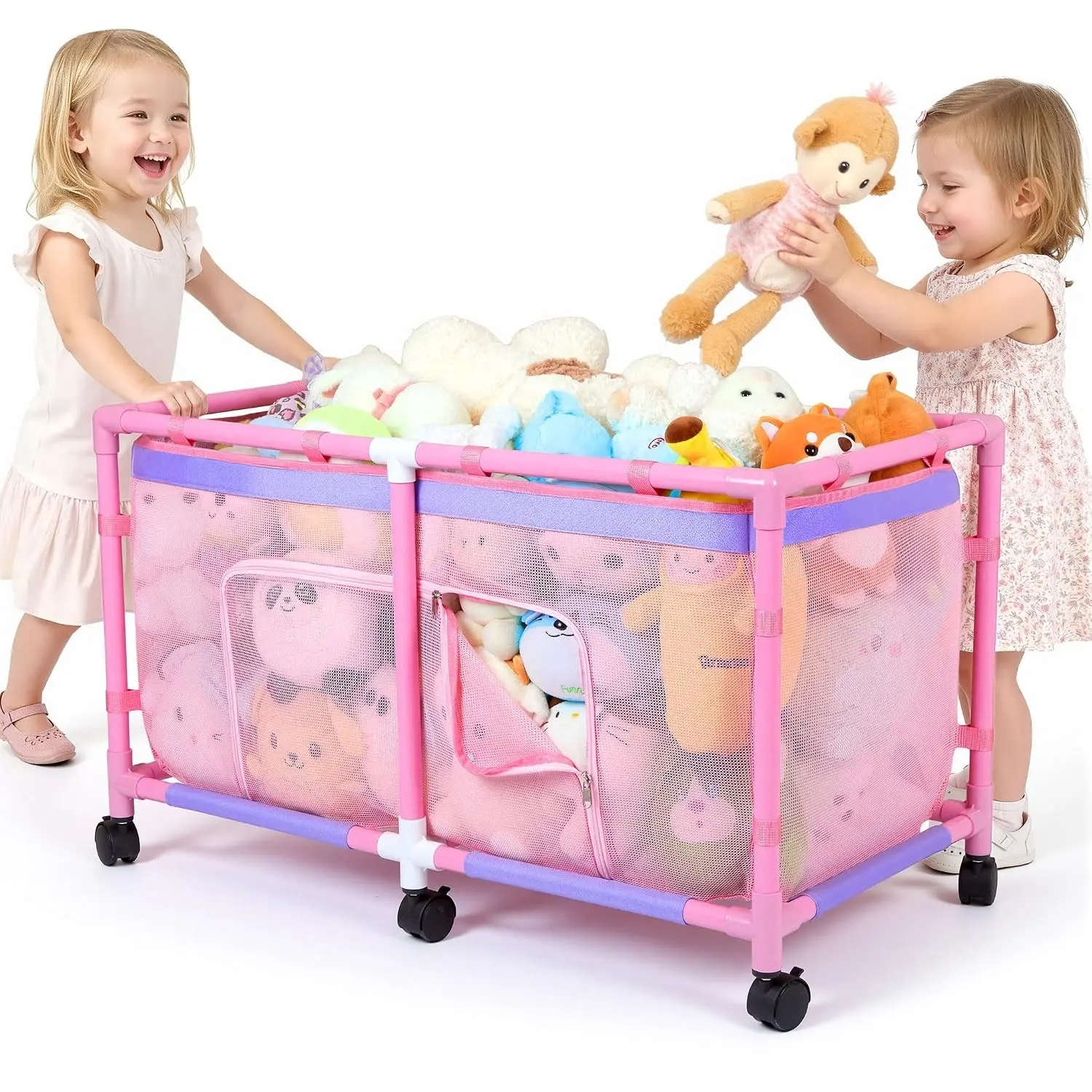 Pink Toy Box for Girls Boys with See-Through Mesh & 360° Rotating Wheels - Easy Install Toy Chest Organizer, Stuffed Animal Storage Bin for Nursery Playroom(Gift)