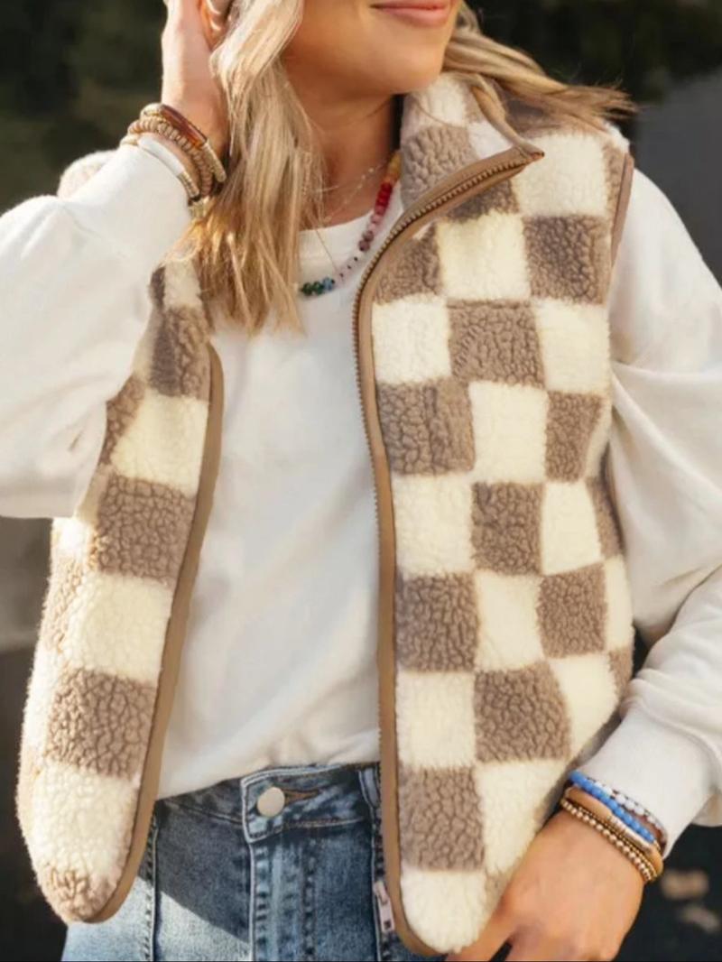 Ins style checkerboard plush vest women's autumn and winter outerwear short style shoulder retro square grid loose vest jacket top