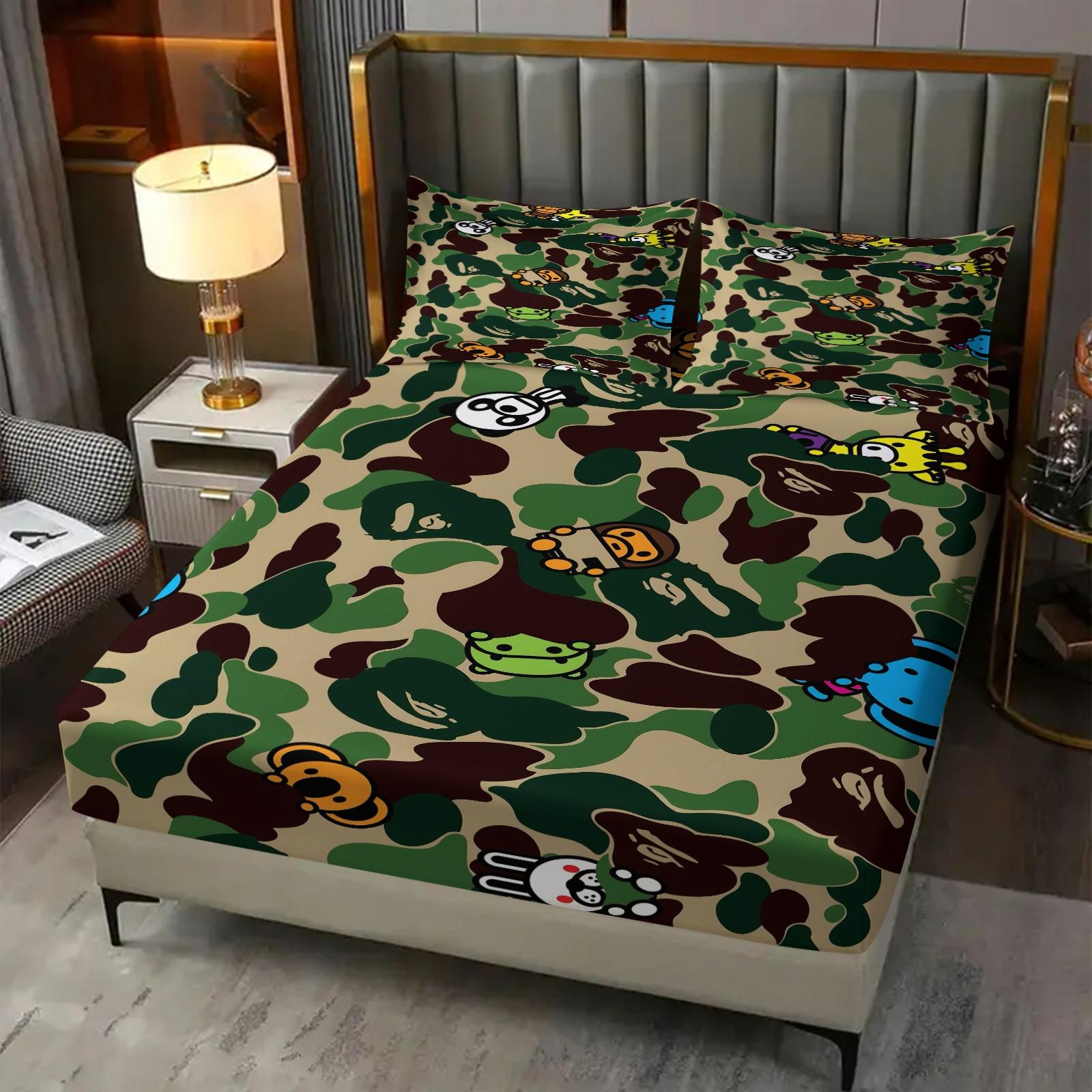 3Pcs Camouflage Cartoon Character Fitted Sheet Set, Playful Military-Inspired Bedding Sheets with Colorful Animals, Durable and Soft Fabric for a Whimsical Bedroom Makeover, Perfect for Kids and Trendy Decor!, No Pillow Core