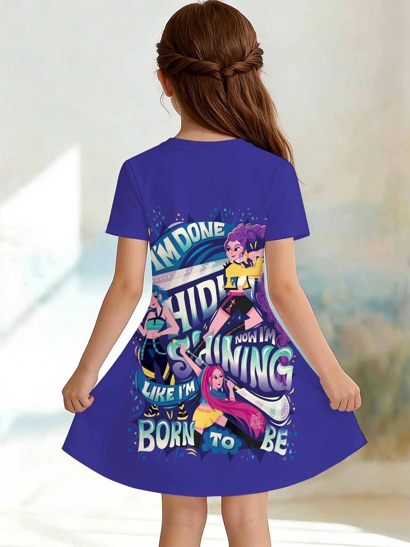Trendy Girls' Witchcraft Girl Group Born to Be Printed A-Line Dress, Inspirational Short Sleeve Dress, Fashion Outdoor Wear, Birthday Gift, Festival Gift