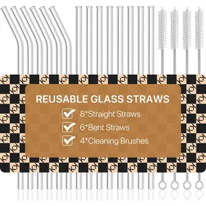 18-Pack Glass Straws, Reusable Clear Glass Drinking Straws Set, 8.5 Inch x 10mm - Includes 8 Straight and 6 Bent with 4 Straw Cleaner Brush, Perfect  Smoothies, Milkshakes, Juice, Tea