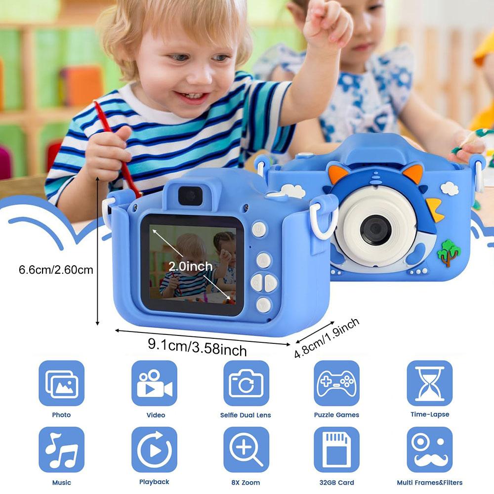 Cartoon Dinosaur Design Digital Camera, USB Rechargeable Video Camera Toy with 32GB Memory Card, Perfect Gift for Birthday & Holiday