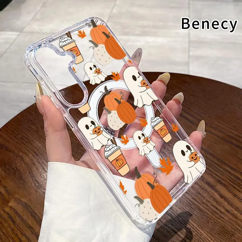 Ghostly Autumn Pattern Magnetic Cellphone Case for Galaxy S22+-S26 Edge, S24 Plus FE - Anti-Yellowing TPU Transparent Acrylic Large Hole Soft Casing, Durable Anti-Drop Shockproof Lightweight Handheld Devices Protection with Wireless Charging Support