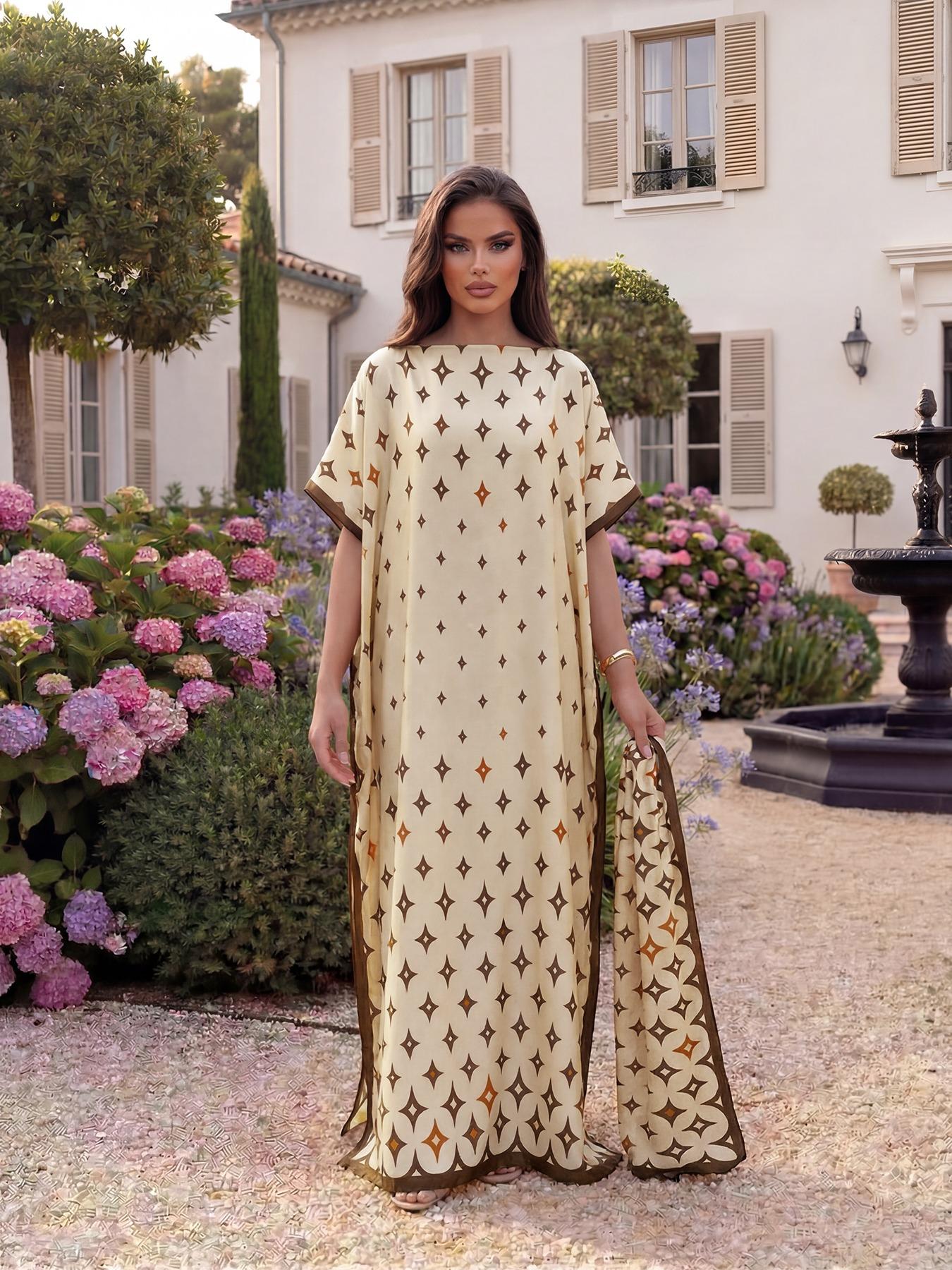 Elegant Geometric Print Shawl Set, Fitted Long Robe with Headscarf, Sun Protection Silk Scarf, Beachwear for Women, All Seasons, Swimsuit Coverup, Beach Cover Ups, Swimwear Cover Up