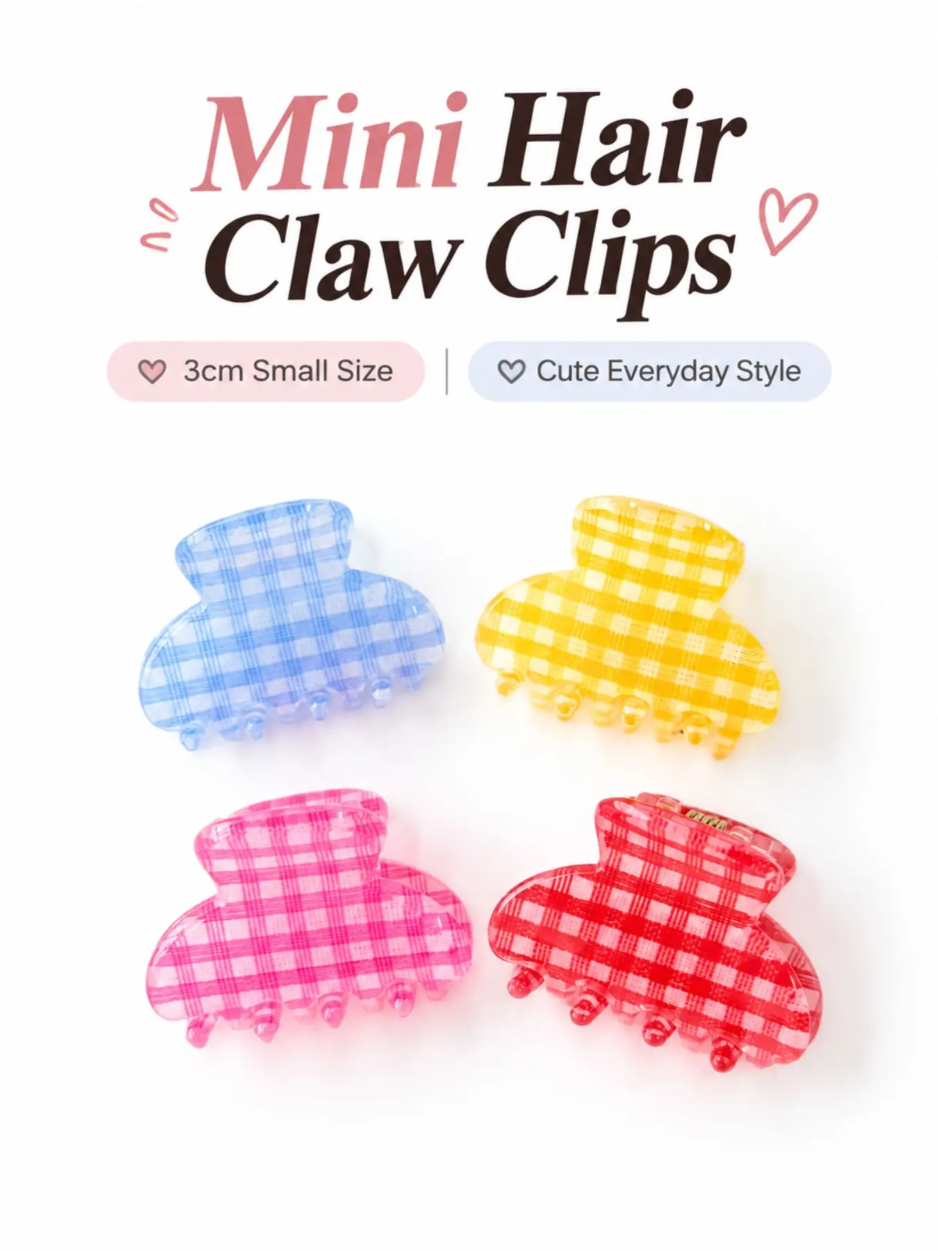 4Pcs Mini Gingham Check Hair Claw Clips Set, Super Cute Clips, Acrylic 3cm Small Size Jaw Claw Lightweight Strong Grip Non‑Slip for Thin Hair Bangs Updo Women Girls Daily Work School Dating Gift Sweet Y2K Coquette Aesthetic Hair
