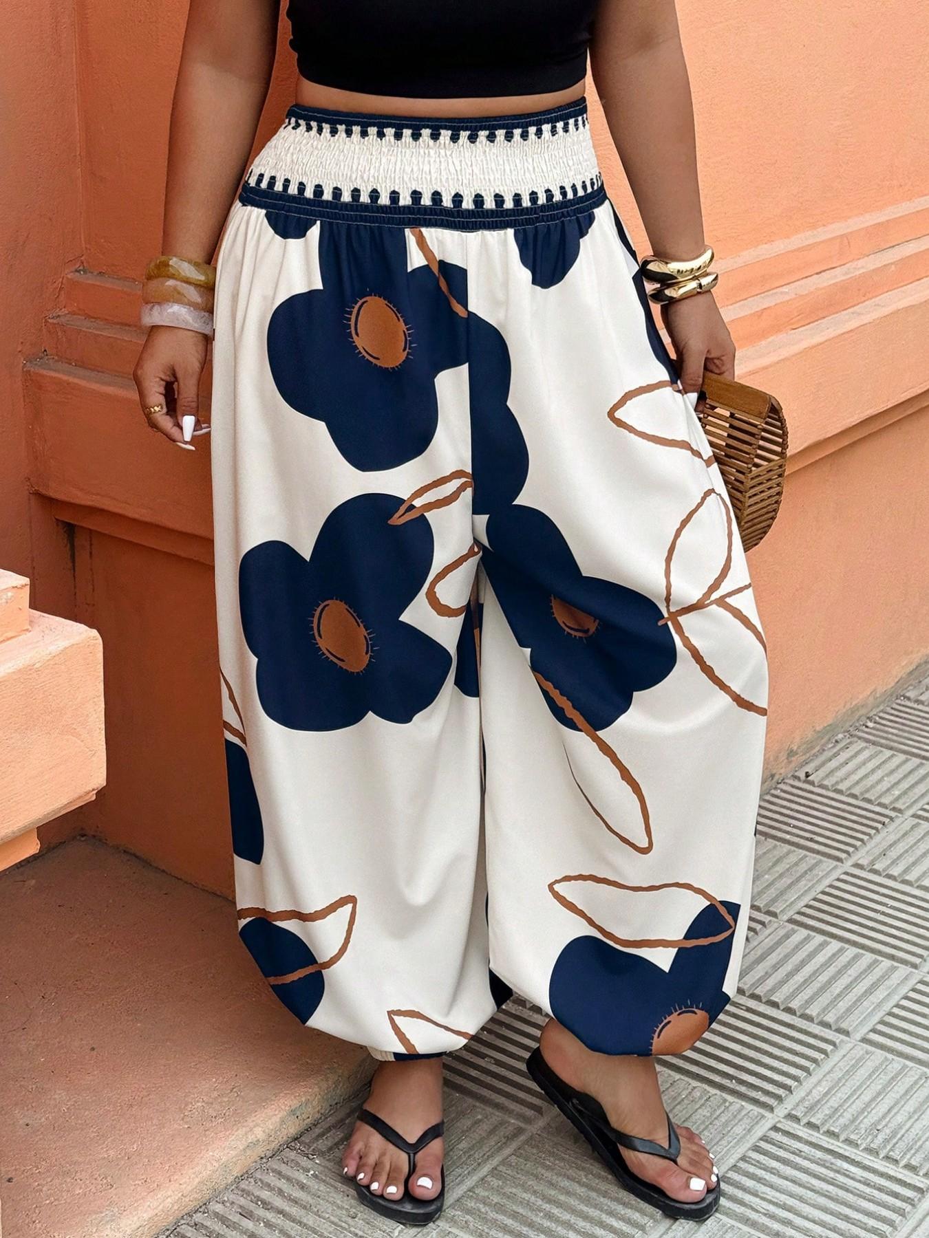 Women's High-Waisted Lantern Pants, Fashion Elastic Cuffed Long Pants for Holiday, Floral Print, Comfortable and Stylish Summer Wear, Casual Trousers, Ladies Bottoms, Womenswear